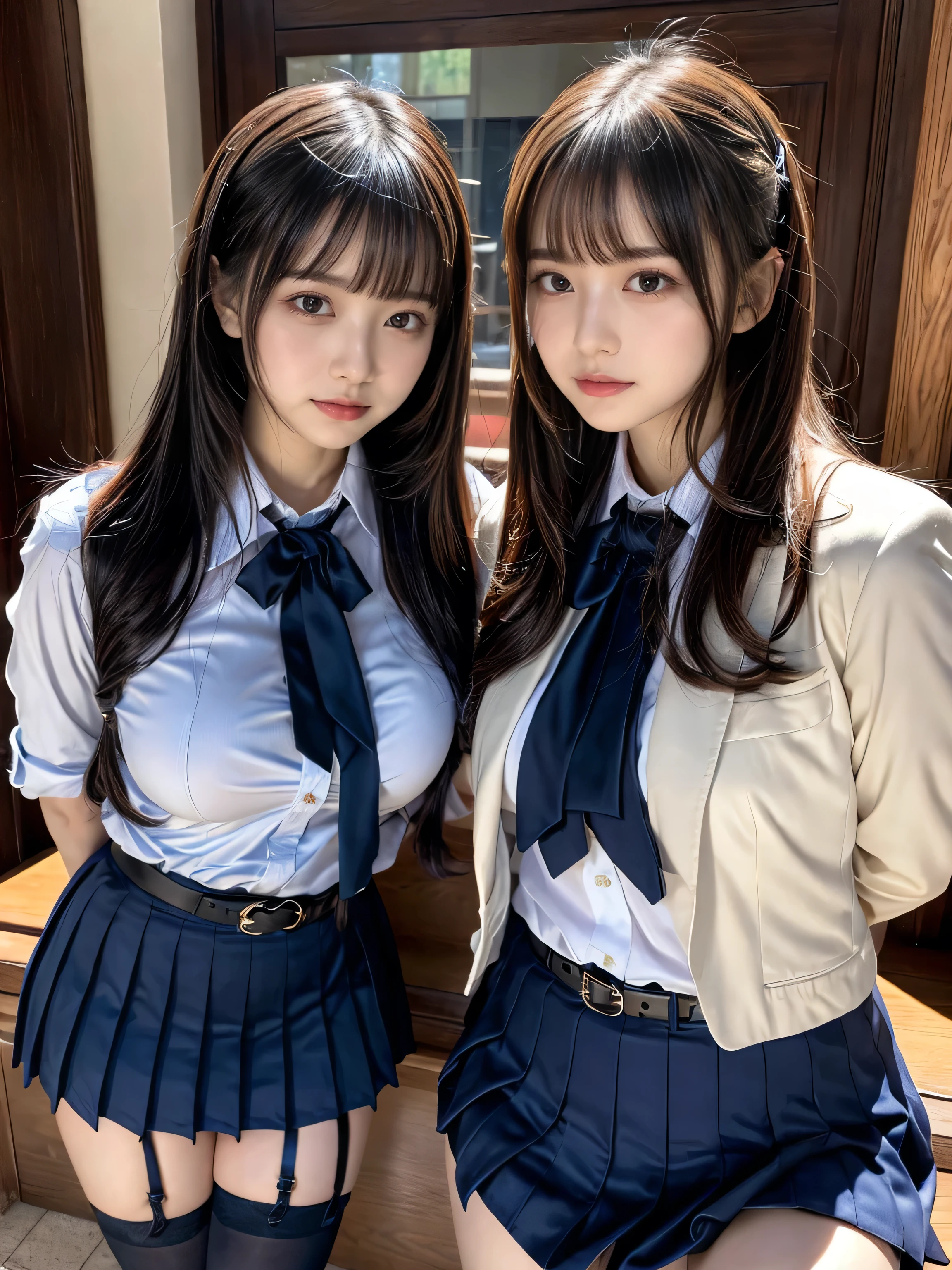 (8K, Raw photography, top-quality, ​masterpiece:1.2), muster piece, best quality, illustration, Super detailed, fine details, High resolution, 8K,wall paper, perfect dynamic composition,(Details High quality, realistic depiction of eyes:1.3), ((2 girls, 2 schoolgirls)), The background is a luxury hotel room、High school girl uniform、blazer 、Super Short Check Uniform Skirt、Navy blue high socks、garterbelts、Colossal tits、Disturbed uniform, Play with each other,Touching each other's bodies,Touching the body of the girl next door, short bob hair, black hair color, huge breasts, Big Natural Color Lip, bold sexy pose, (perfect body shape), crying a little、cold gaze, Harajuku style、Beautiful makeup,glitter makeup,Cutest 18 years old、 beautiful legs, hposing Gravure Idol, Voluptuous thighs