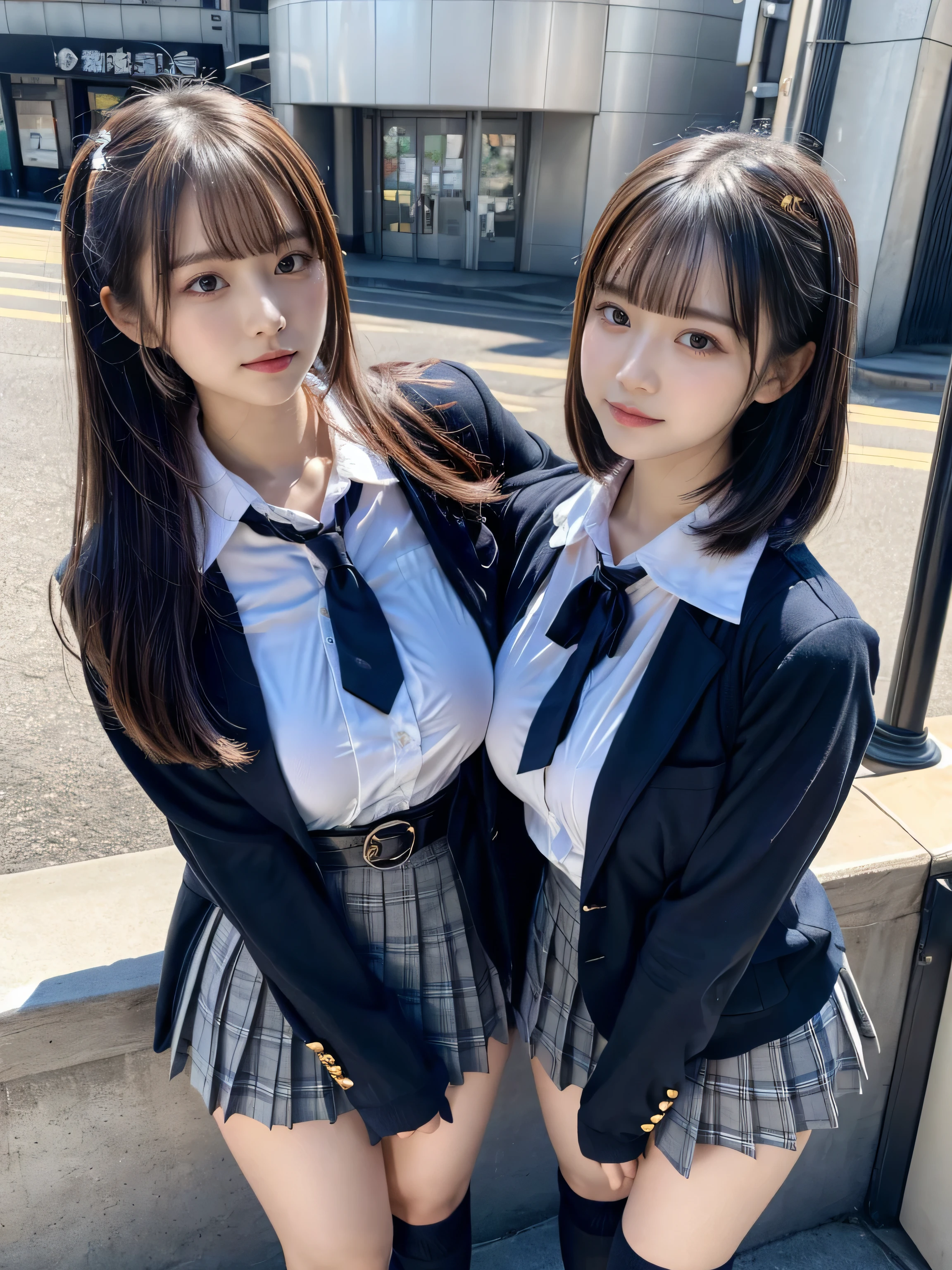 (8K, Raw photography, top-quality, masterpiece:1.2), muster piece, best quality, illustration, Super detailed, fine details, High resolution, 8K,wall paper, perfect dynamic composition,(Details High quality, realistic depiction of eyes:1.3), ((2 girls, 2 schoolgirls)), The background is a luxury hotel room、High school girl uniform、blazer 、Super Short Check Uniform Skirt、Navy blue high socks、garterbelts、Colossal tits、Disturbed uniform, Play with each other,Touching each other's bodies,Touching the body of the girl next door, short bob hair, black hair color, huge breasts, Big Natural Color Lip, bold sexy pose, (perfect body shape), crying a little、cold gaze, Harajuku style、Beautiful makeup,glitter makeup,Cutest 18 years old、 beautiful legs, hposing Gravure Idol, Voluptuous thighs