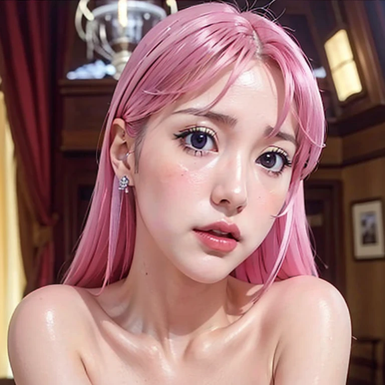 (nsfw), pink hair, French braid, smiling, (hearts around the girl), (nude), sweat, wet skin, shiny skin, detailed beautiful face, pressing her big breasts against glass, closed mouth, bathroom, (pouting), (sexy lips), shiny lips