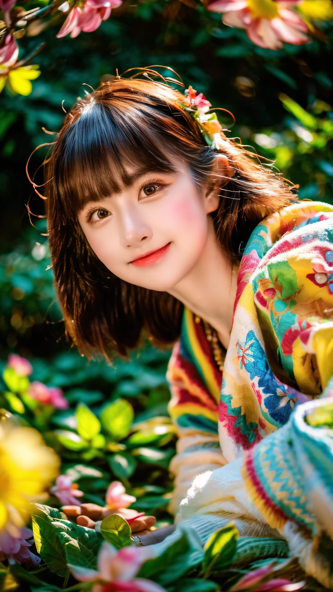 strolling in the park,loving gaze,hand in hand,natural environment,filled with flowers and greenery,soft sunlight,romantic atmosphere,picnic blanket,spreading a vibrant and colorful rug,taking selfies,Memorable moments,cheerful laughter,unforgettable memories,(best quality,4k,8k,highres,masterpiece:1.2),ultra-detailed,(realistic,photorealistic,photo-realistic:1.37),HDR,UHD,studio lighting,extreme detail description,vivid colors,soft and warm tones,gentle and dreamy lighting,immersive and captivating ambiance