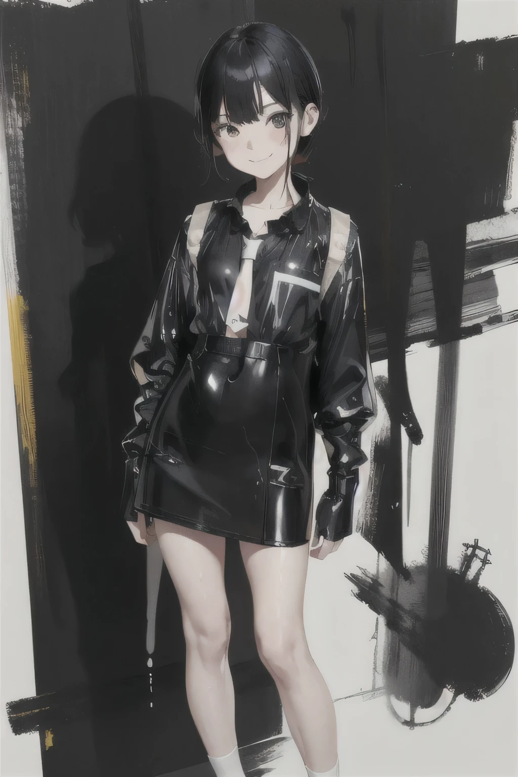8 year old girl, Solitary, rest， Double tail, Black Hair, Bangs, Long eyelashes, beautiful eyes, full，Yellow and black, c lips, Uniforms，Short skirt，Knee socks, Lando Seru Backpack,(Brushstrokes, Impressionism, painting)、Disheveled、Clothing that fits snugly,Chest contour、(((Wet clothing))(((Ultra-thin clothing))),((Flesh outline)),Grinning