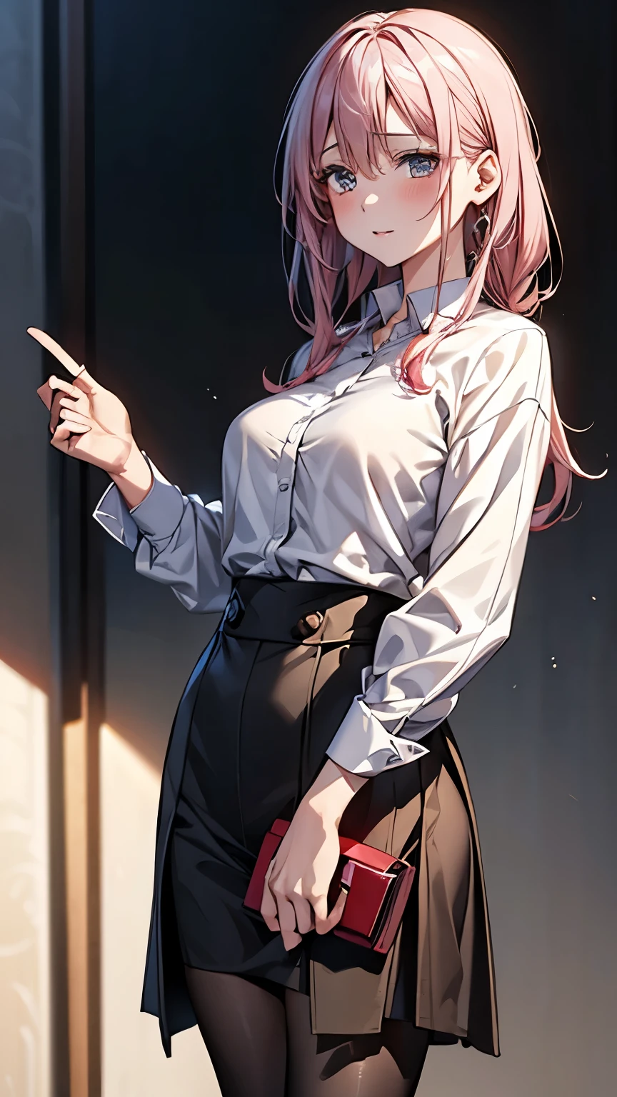 (masterpiece), ((highest quality)), (masterpiece,highest quality,Official Art,Highly detailed CG Unity 8k wallpaper), Pink Hair, photograph, An elegant, upper-class, elite secretary in a business shirt, Working in the office,厳格なbusiness suitを着用する, Wearing pantyhose,Wear high-quality high heels,Girl in a shirt, business suitを着ている, Huge ,whole body,business suitを着ている, business suitを着て, Businesswoman, Business attire, 黒のbusiness suitを着ている, Wear a shirt and skirt, business suitを着た女性, business suit, business attire,Dramatic Light,Displaying the viewer,