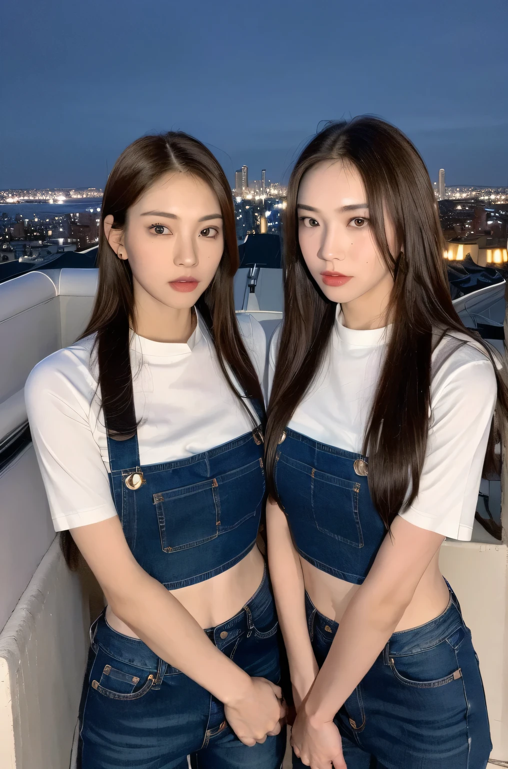 ((Midnight, Best quality, 8k, Masterpiece :1.3)), Whole body, Long legs, Sharp focus :1.2, (Female twins with perfect figure), Slender abs :1.1, ((Dark brown hair)), (White tight tshirt, Jean bib, Standing:1.2), ((Night city view, Rooftop:1.3)), Highly detailed face and skin texture, Detailed eyes, Double eyelid