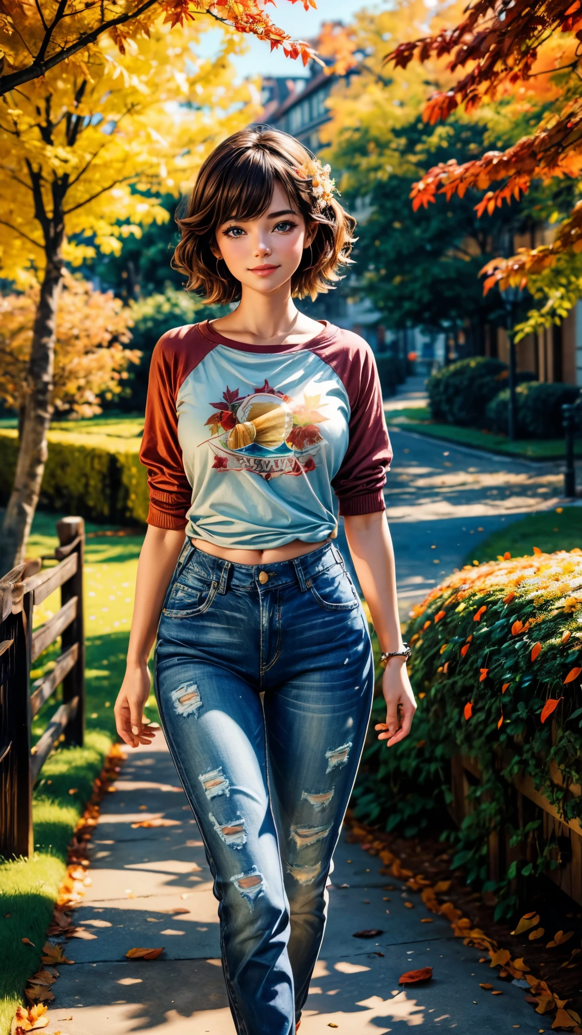 (best quality,4k,8k,highres,masterpiece:1.2),ultra-detailed,realistic,photorealistic:1.37,portrait,beautiful,dreamy,soft lighting,warm colors,tender embrace,genuine emotions,happiness,love,T-shirt,denim jeans,relaxed posture,lush greenery,flower bed,walking path,park bench,rippling pond,colorful autumn leaves,sunshine,romantic atmosphere