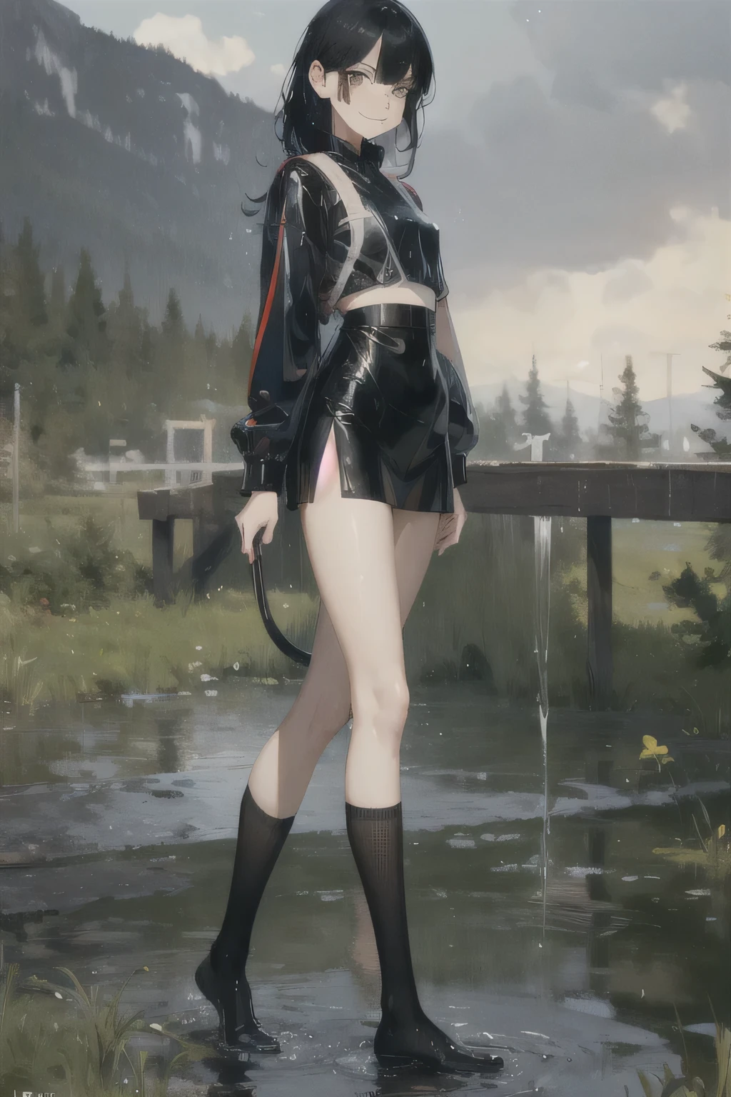 girl, Solitary, rest， Double tail, Black Hair, Bangs, Long eyelashes, beautiful eyes, full，Yellow and black, c lips, Uniforms，Short skirt，Knee socks, Lando Seru Backpack,(Brushstrokes, Impressionism, painting，Rich scenery)、Disheveled、Clothing that fits snugly,Chest contour、(((Wet clothing))(((Ultra-thin clothing))),((Flesh outline)),Grinning