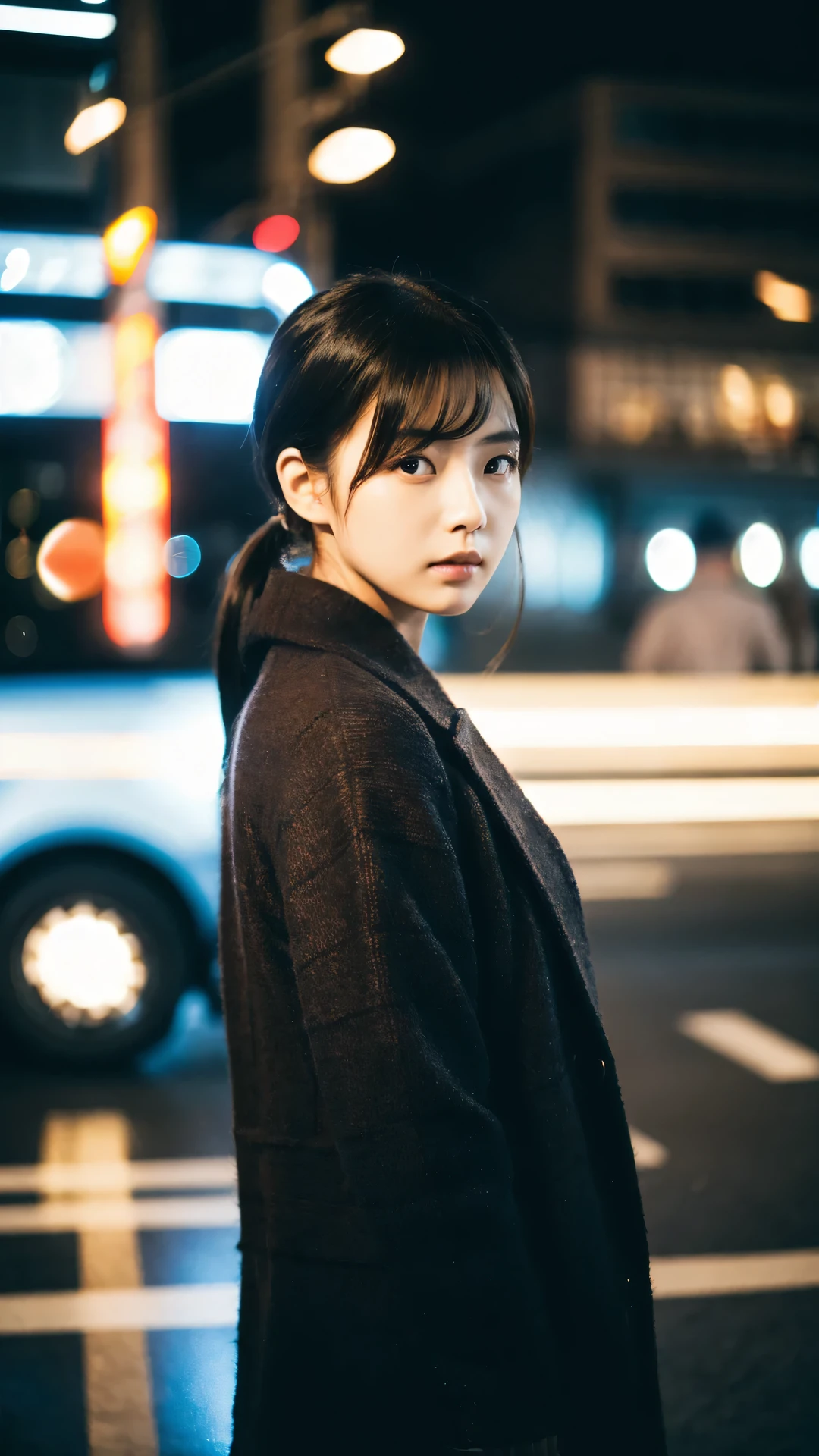 Cinematic Photo of a beautiful Korean fashion model disappointed bokeh train
