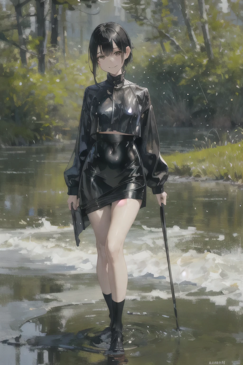 girl, Solitary, rest, Double tail, Black Hair, Bangs, Long eyelashes, beautiful eyes, full,Yellow and black, c lips, Uniforms,Short skirt,Knee socks, Lando Seru Backpack,(Brushstrokes, Impressionism, painting,Rich scenery)、Disheveled、Clothing that fits snugly,Chest contour、(((Wet clothing))(((Ultra-thin clothing))),((Flesh outline)),Grinning