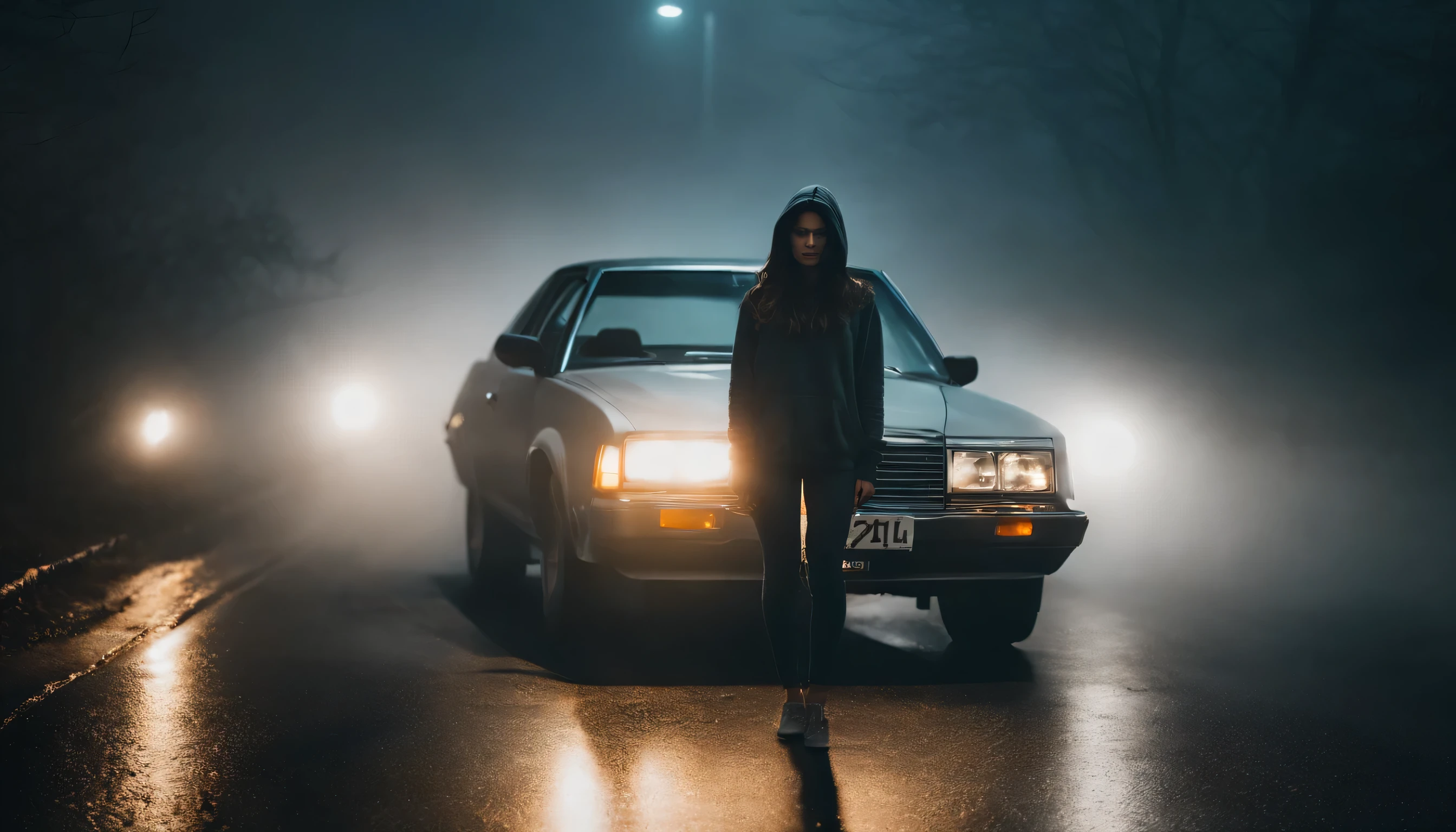 Photography of a brunette girl standing next to her car at night, wearing a hoodie, foggy road, foggy night, cinematic, ultra detailed.