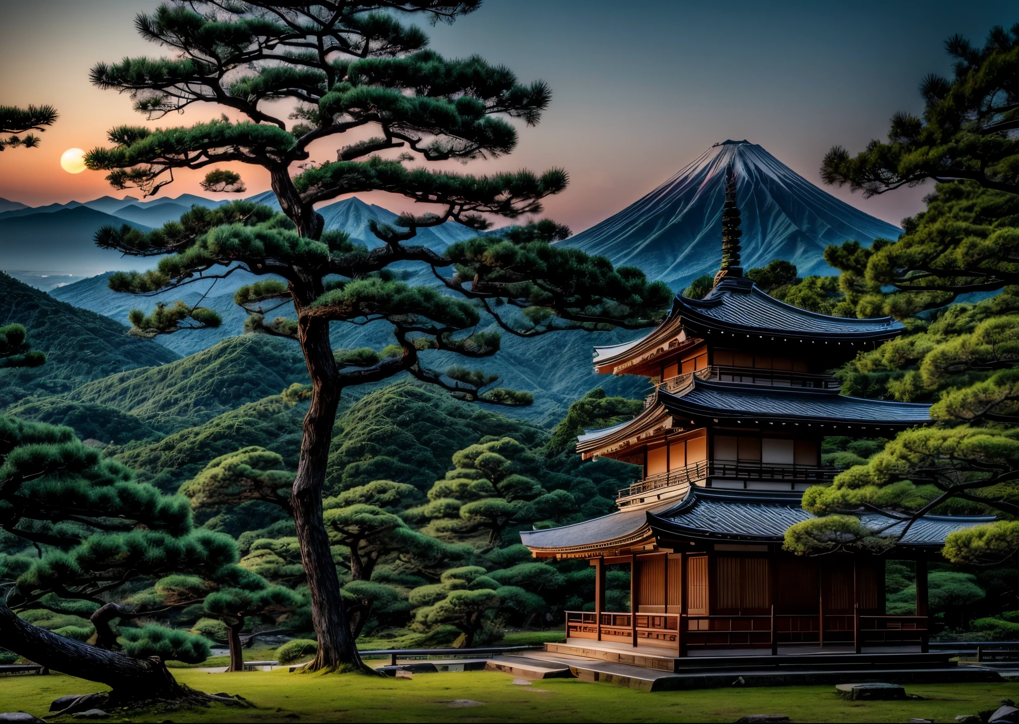 Old landscape of Japan、１Fuji Mountain、pine tree、、In front of the ruined shrine、Moonlit Night、lush vegetation、Old tales、Like a Japanese period film、8K、16K、Detailed