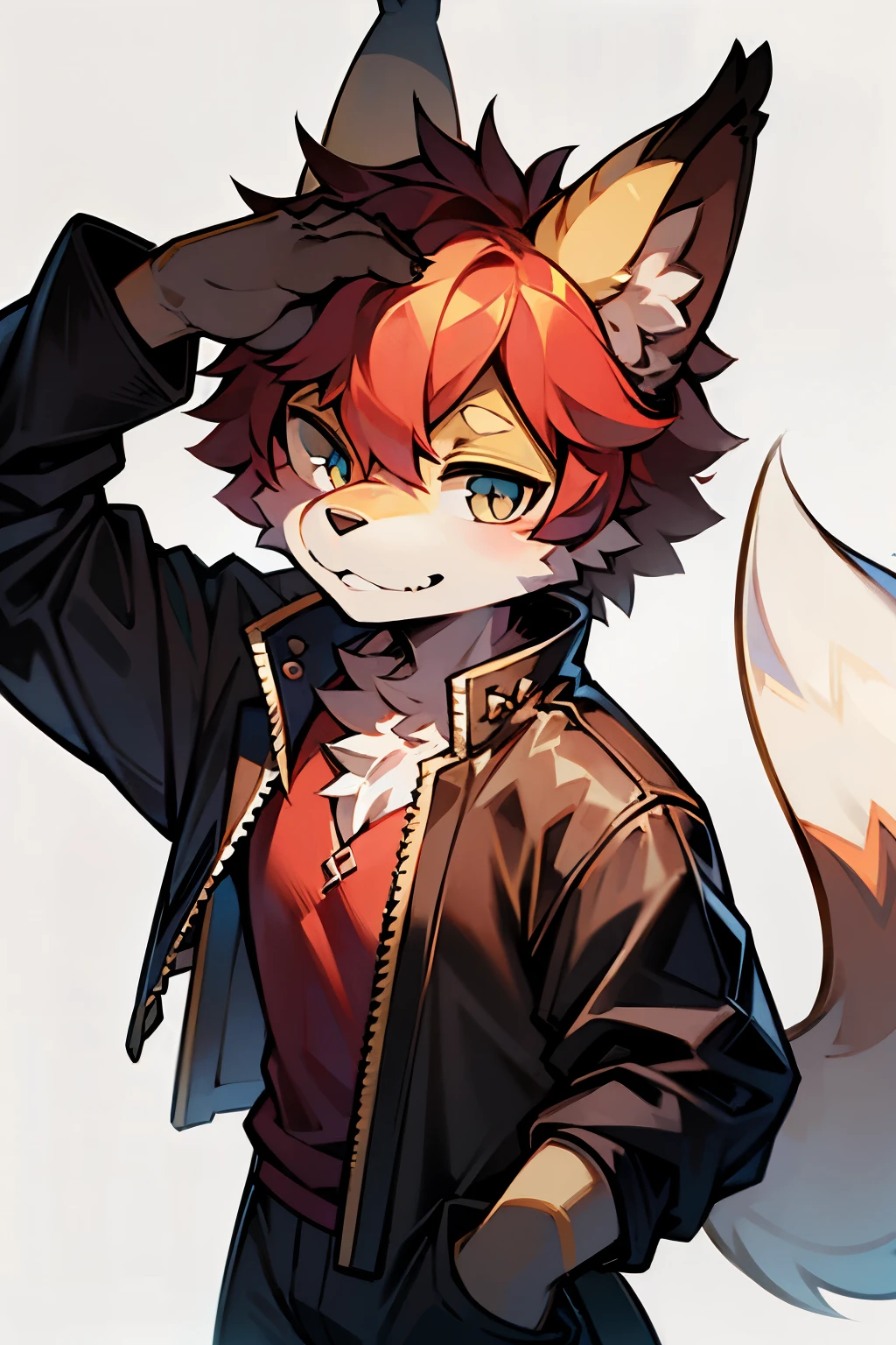 tmasterpiece，eyes with brightness, in a panoramic view, Character focus, solo, Furry male wolf, Off-white fur, Different colored eyes,CasualClothing，Young style，The demeanor is cold,One meter seven height，Particularly handsome, has a tail，BREAK BREAK BREAK，AOEU，vectorial，Line art
