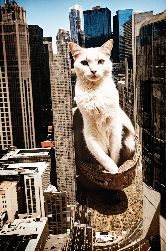 The king cat is visible on the sky, he's staring at humans in the city.