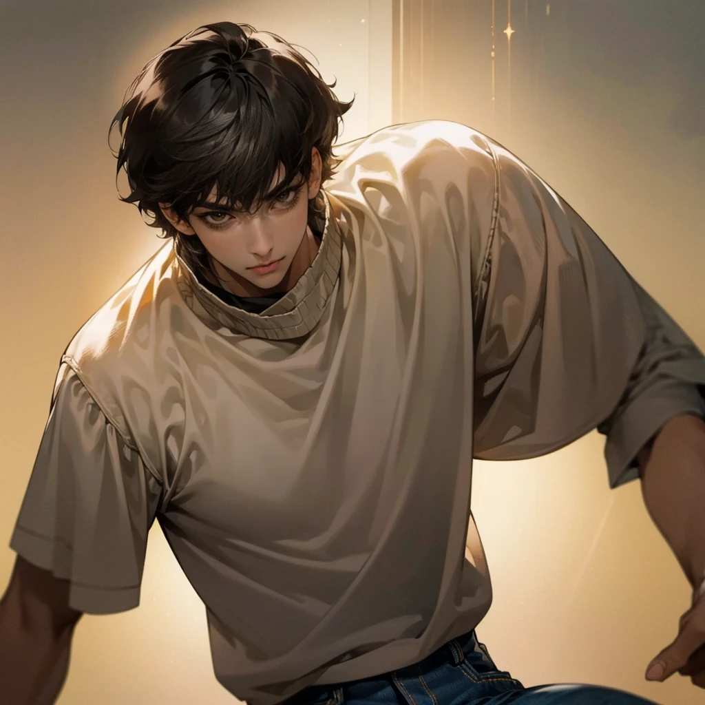 1man, upper body, black short shaggy hair, tall and strong,personification,brown eyes, dark sweatshirt, alongside jeans, soft light, 8K, masterpiece, looking at viewer,pixiv,