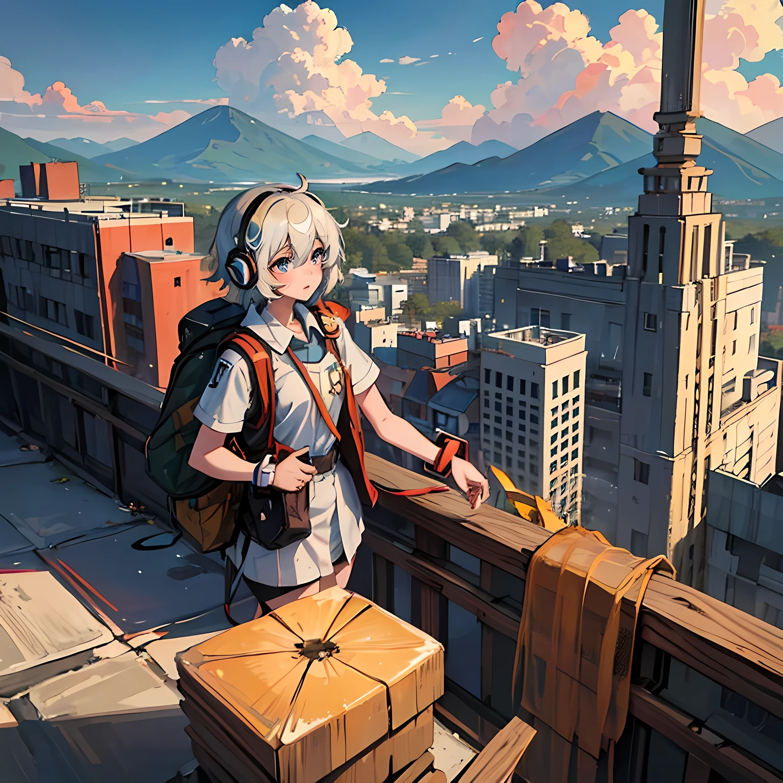 8k,4k,Abandoned metropolis、A high school girl wearing headphones and carrying a backpack is walking along a road covered with rubble、In the distance there are mountains and forests.。The hot summer sun and summer cumulonimbus clouds are floating。There is a waterfall cascading from the roof of a tall building.