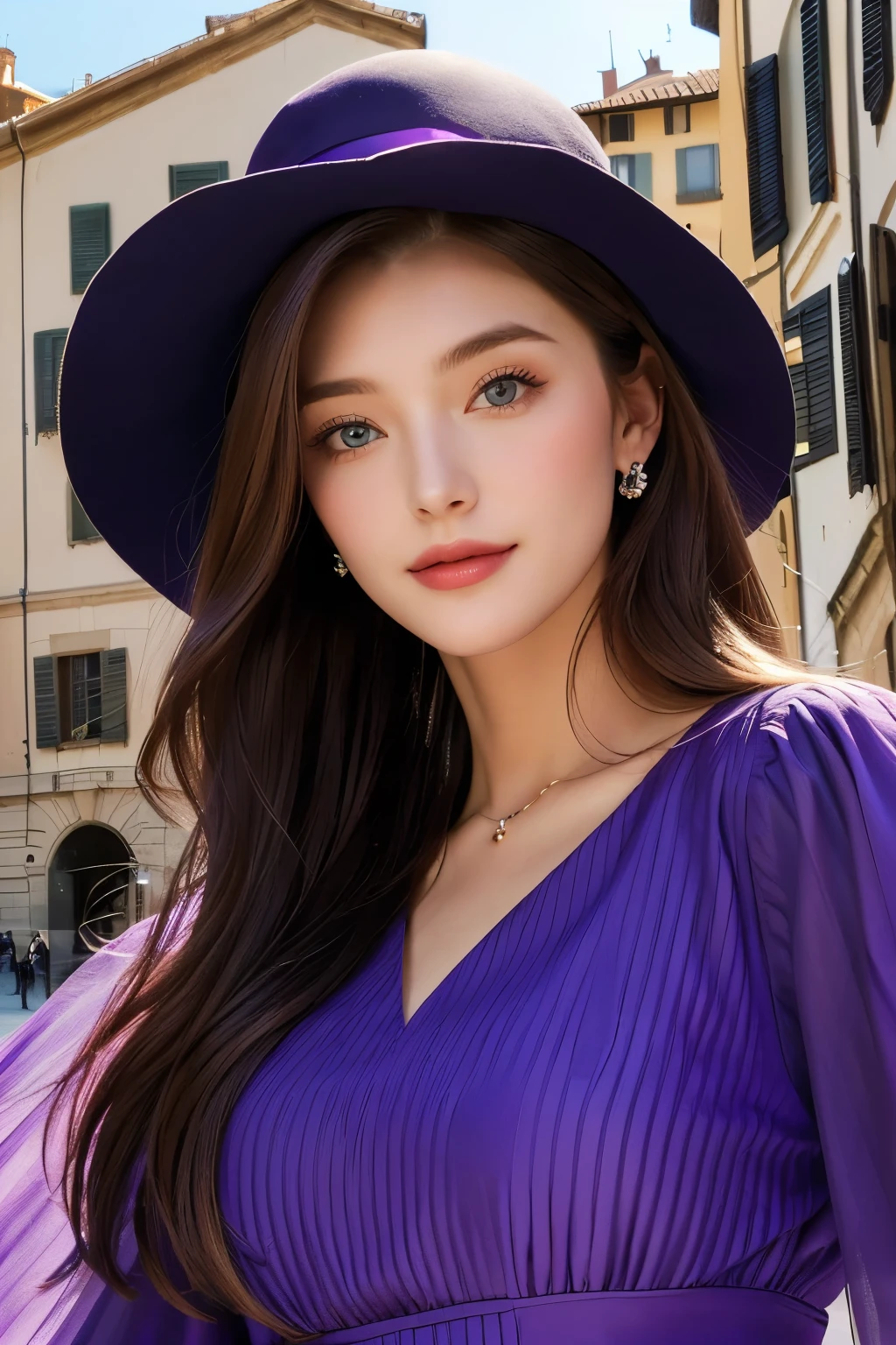 Model and background intact, Close-up of woman wearing purple dress and hat with Florence buildings background,