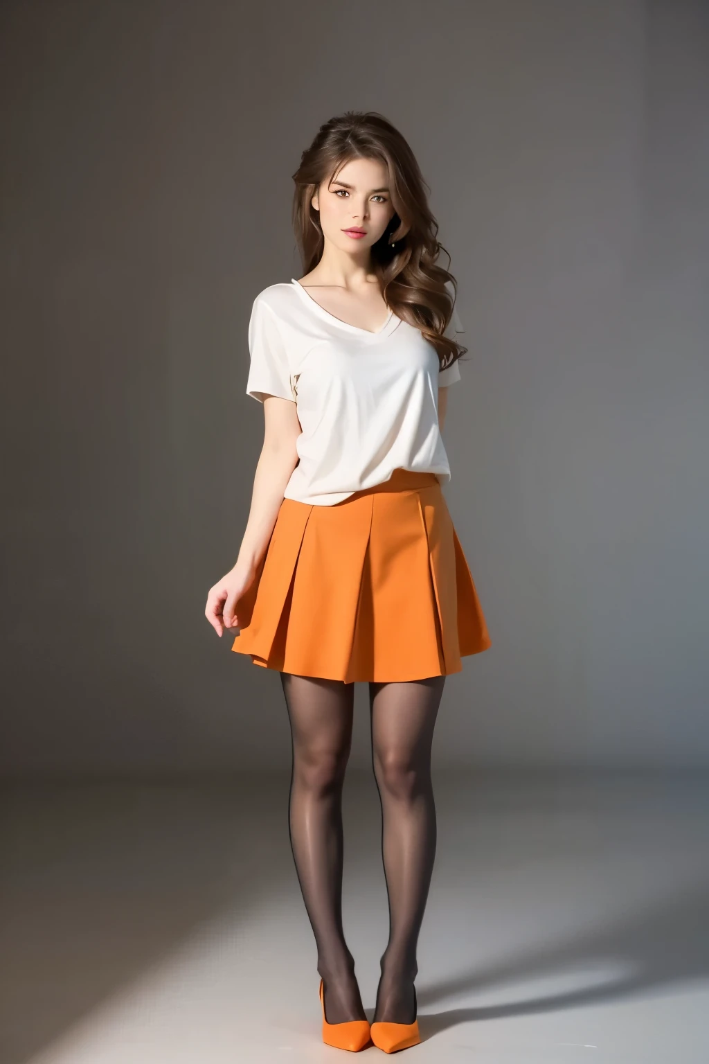 Full body view, Feet in sight, Velma Dinkley, Solitary, Strippers, brown hair, Deep blue eyes, Delicate face, orange color shirt, red skirt, Orange pantyhose, No shoes, Huge breasts ([Julianne Hough|Megan Fox|Anna Hendrix]:0.8), (puffy lips :0.9), masterpiece, professional, high quality, beautiful, Astonishing, Goethe, Getty Images, Shrine maiden, huge, photo shoot, 4k, Practical, Detailed background, damn, real life,