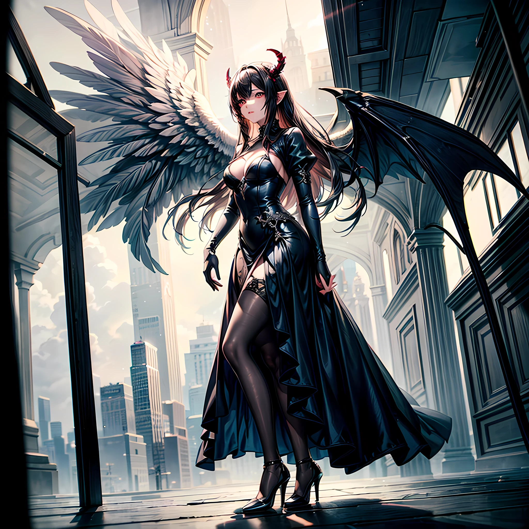 8k, wallpaper of extremely detailed, masterpiece, high resolution, top-quality, top-quality real texture skin, hyper-realistic, increase the resolution, best quality, highly detailed, the wallpaper, cinematic lighting, ray trace, golden ratio, devil girl, mild smile, female, beautiful black horns, beautiful big black wings, gorgeous lighting, Victorian city background, back lingerie clothing with gold ornaments, yellow eyes, only 1 woman, red skin-tone, same pose as image prompt, same style as image prompt
