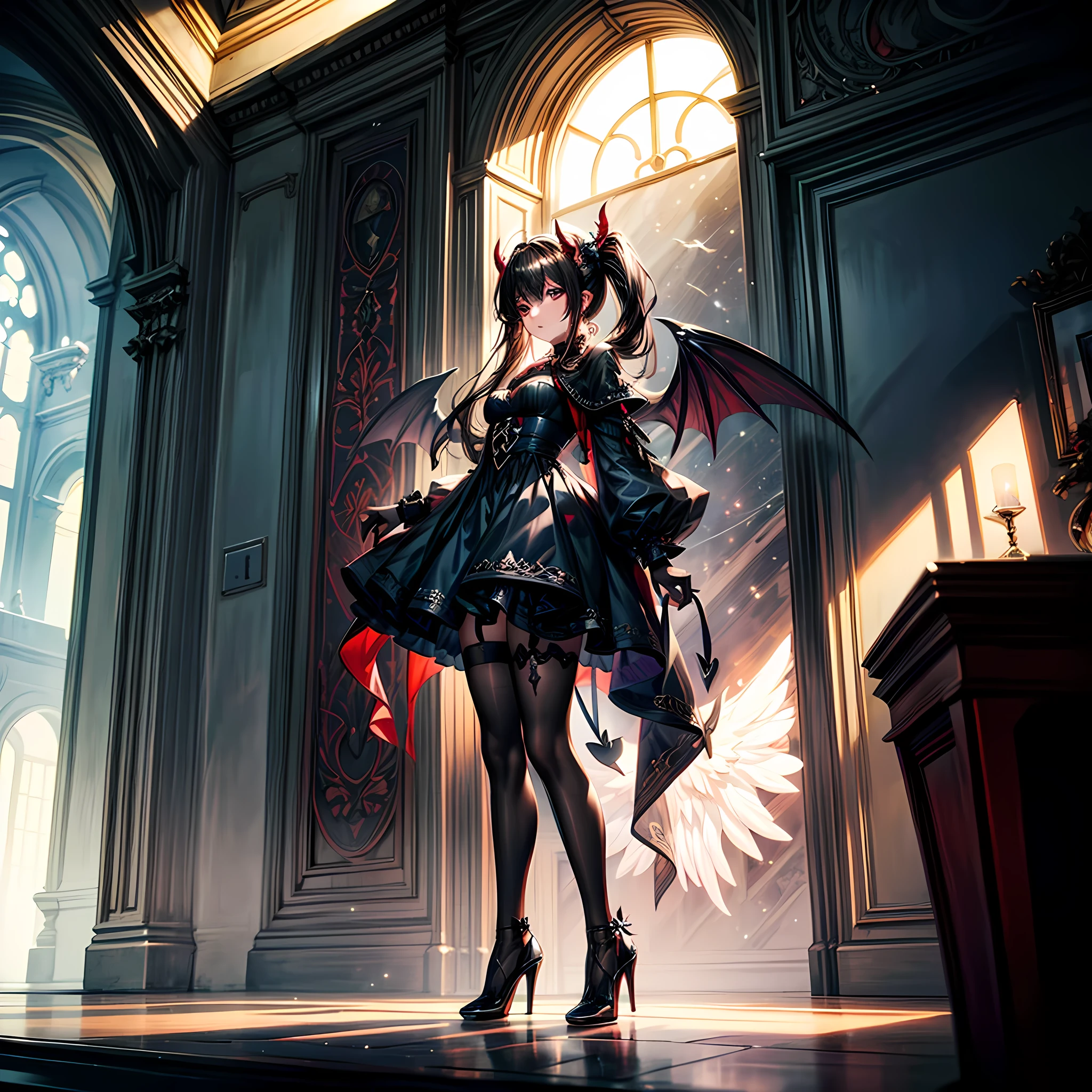 fantasy art, RPG art a picture of ((2 women)), BREAK a (female angel: 1.3) , wearing dress, pale skin, best details beautiful face , (blond: 1.2) hair, long hair wavy hair (blue: 1.1) eyes, high heeled boots, wearing a dress, large angelic wings, (white: 1.2) angelic wings spread BREAK ((AND)) a (female demon: 1.3), (red: 1.2) skin, demonic wings, (black: 1.1) demonic wings spread, demonic horns, (red: 1.1) skin, black hair, red eyes, best details beautiful face, wearing a dress, high heels, in the border between heaven and hell, moon, stars, clouds, god rays, soft natural light silhouette, dynamic angle, photorealism, panoramic view (Masterpiece 1.3, intense details) , Wide-Angle, Ultra-Wide