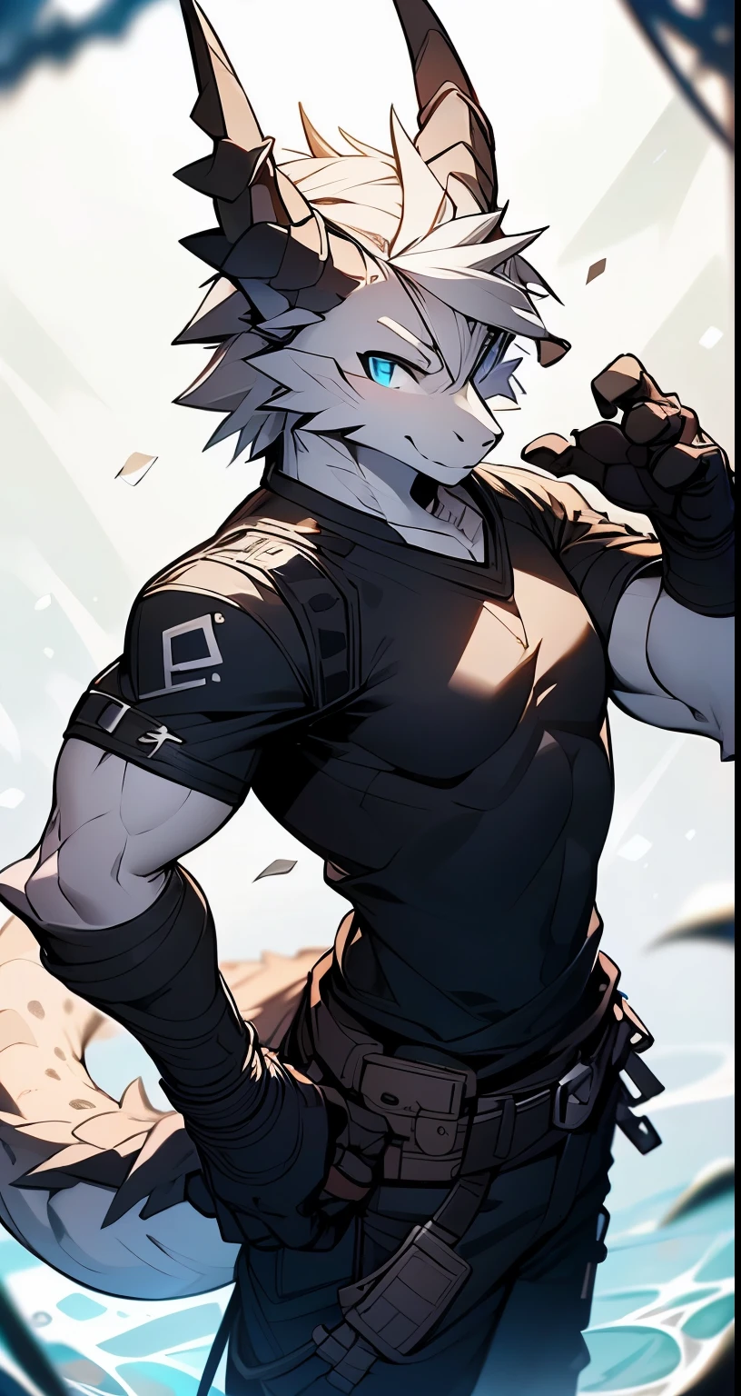 Masterpiece, Cool Pose, Furry Gray Dragon, Medium Strong Body, Blue Eyes, Grey Medium Hair, Combat Black Shirt, Combat Gloves, Combat Pants, Fierce, Good looking