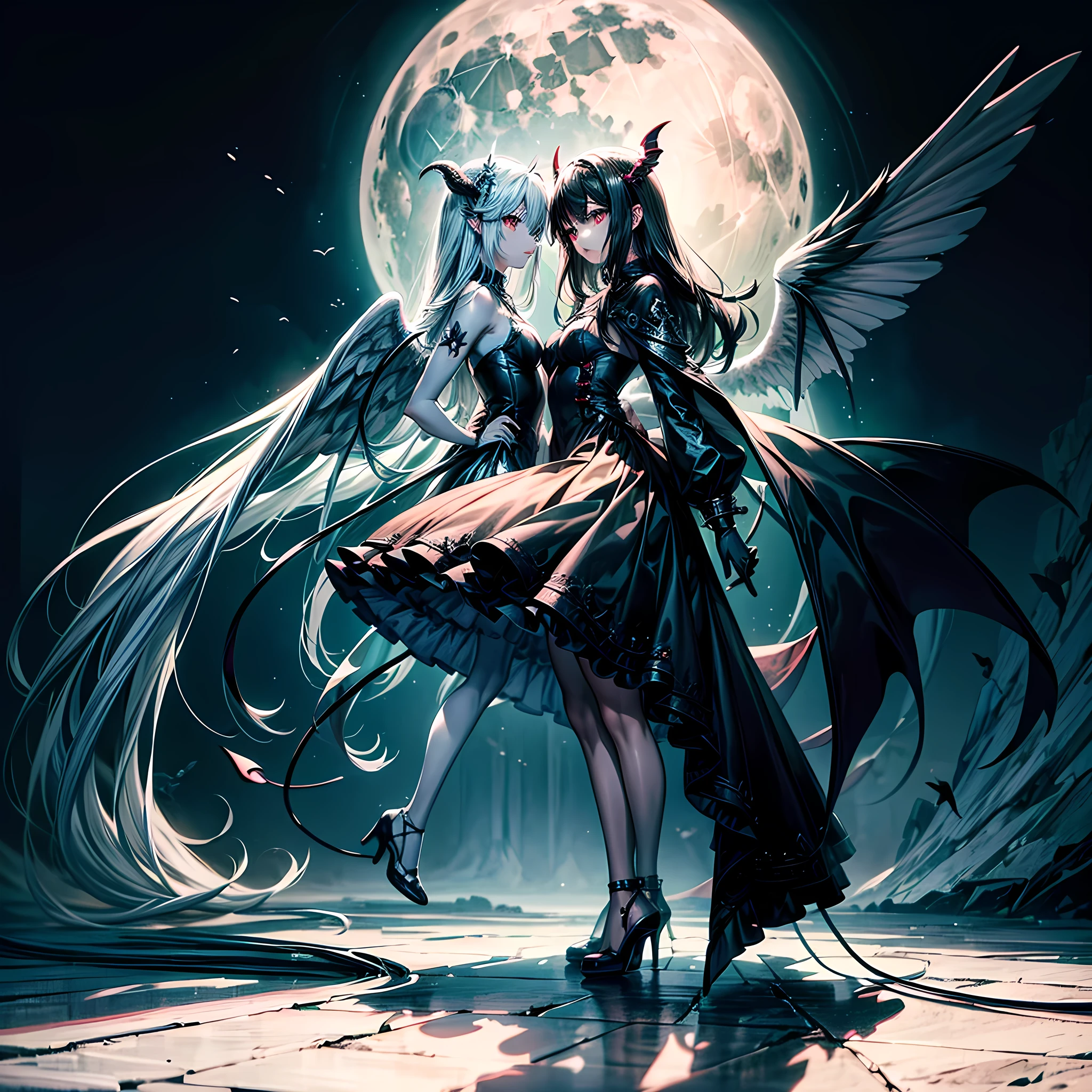 fantasy art, RPG art a picture of ((2 women)), BREAK a (female angel: 1.3) , wearing dress, pale skin, best details beautiful face , (blond: 1.2)  hair, long hair wavy hair  (blue: 1.1) eyes, high heeled boots, wearing a dress,  large angelic wings, (white: 1.2) angelic wings spread BREAK ((AND))  a (female demon: 1.3), (red: 1.2) skin, demonic wings, (black: 1.1) demonic wings spread, demonic horns, (red: 1.1) skin, black hair, red eyes, best details beautiful face, wearing a dress, high heels, in the border between heaven and hell, moon, stars, clouds, god rays, soft natural light silhouette, dynamic angle,  photorealism, panoramic view (Masterpiece 1.3, intense details) , Wide-Angle, Ultra-Wide