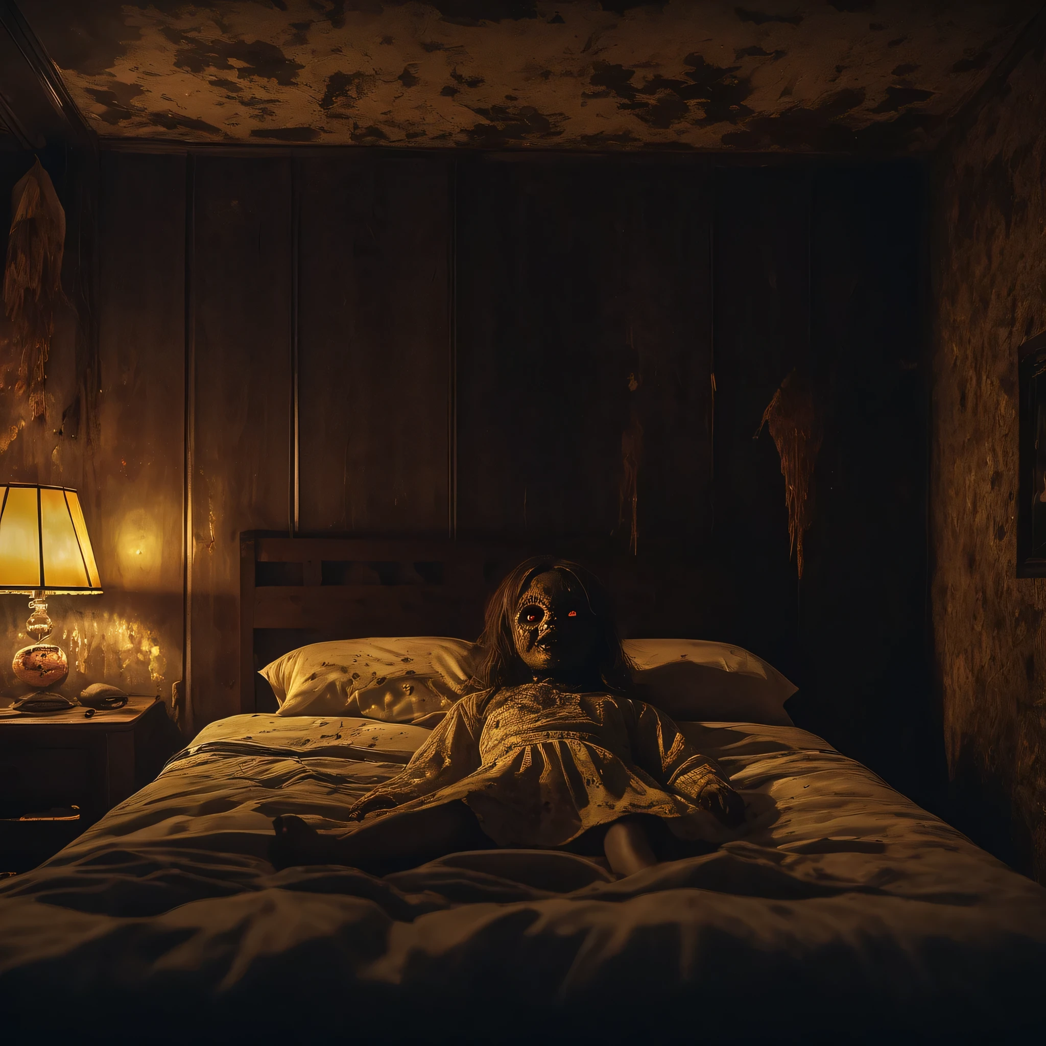 (masterpiece, best quality:1.2), horror scene, knife, dark room, glowing eyes, bed, under bed, hiding under bed, glowing eyes, gore, UHD, HDR, 8k, ultra-wide angle, award winning