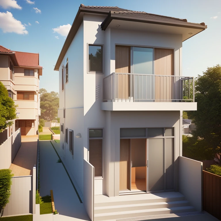 a rendering of a small two story house with a balcony, front elevation view, exterior design, 3/4 view realistic, front-view, wide establishing shot, complete house, comprehensive 2 d render, detailed rendering, sketch - up, front perspective, rendered, 3d rendering, frontview, 3 d rendering, in style of simplified realism, conceptual rendering