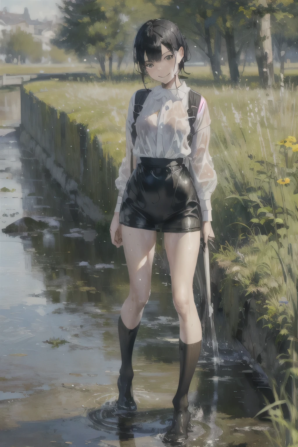 girl, Solitary, rest, Double tail, Black Hair, Bangs, Long eyelashes, beautiful eyes, full,Yellow and black, c lips, Uniforms,Short skirt,Knee socks, Lando Seru Backpack,(Brushstrokes, Impressionism, painting,Rich scenery)、Disheveled、Clothing that fits snugly,Chest contour、(((Wet clothing))(((Ultra-thin clothing))),((Flesh outline)),Grinning