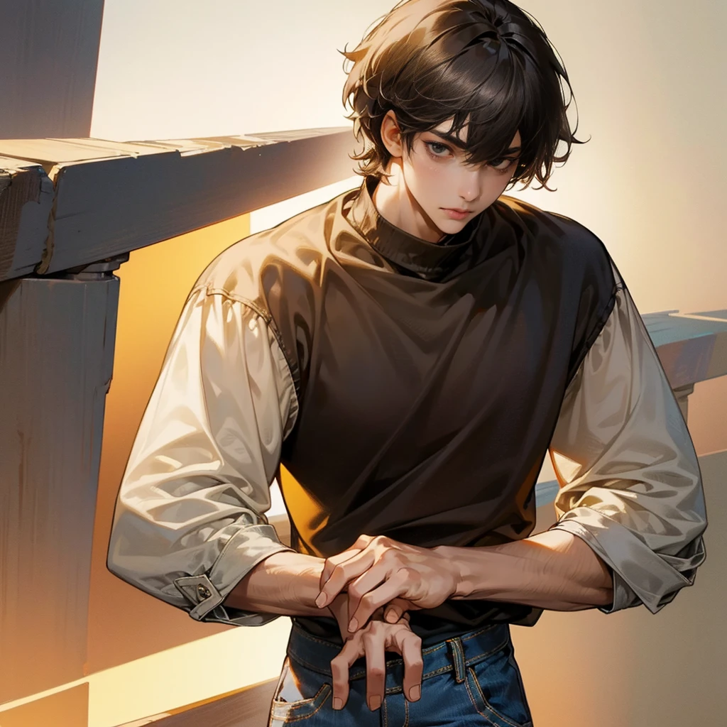 1man, upper body, black short shaggy hair, tall and strong,personification,brown eyes, dark sweatshirt, alongside jeans, soft light, 8K, masterpiece, looking at viewer,pixiv,