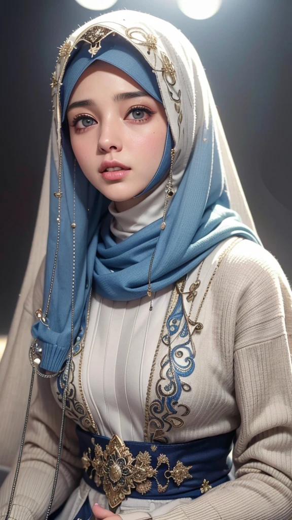(RAW photo, best quality), POV, (realistic, photo-realistic:1.3), ((Sweaters Outfits)), HIJAB OUTFITS DRESS, best quality of Hijab Girl, Full Hijab Dress, highly detailed, masterpiece, ultra-detailed, illustration, 1girl, upper_body, dynamic angle, world masterpiece hijabi, extremely detailed CG unity 8k wallpaper, ink, Amazing, cinematic lighting,