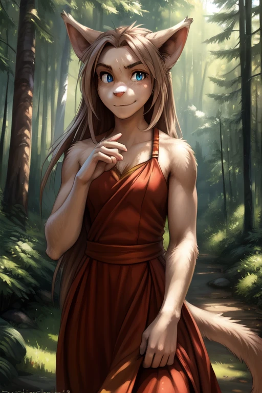 by kenket, by totesfleisch8, (by thebigslick, by silverfox5213:0.8), (by syuro:0.2),, king-adelaide, twokids, (best quality, masterpiece:1), solo, Emma Watson furry female anthro, blue eyes, white skin, long hair, light brown hair, portrait, fingers, finger claws, looking at viewer, long feline tail, strong, muscular, slit Dress, (outdoors dark forest trees blurry blurred background:1.1)