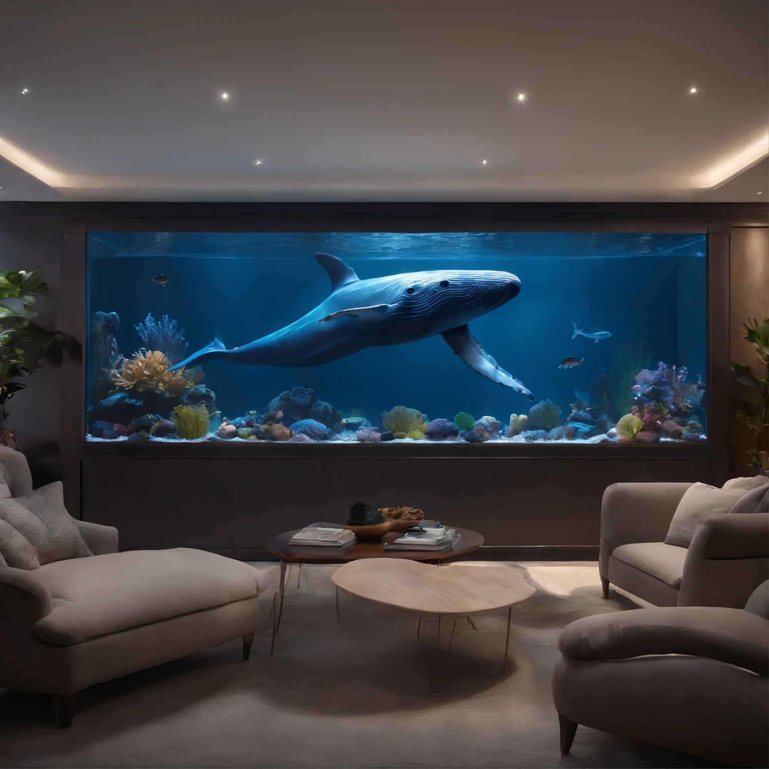 movie lighting, Glowing lights, masterpiece, precise, Super Detail, high quality, The award-winning, 8k Blue whale swimming in fish tank