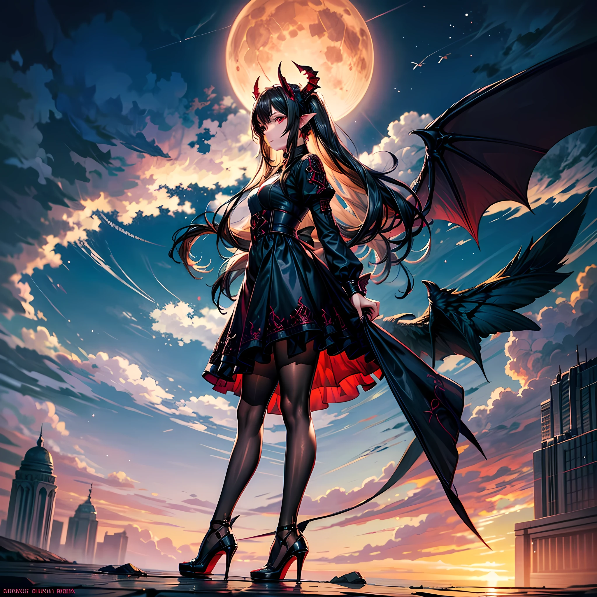 ((best quality)), ((masterpiece)), (detailed), succubus, ethereal beauty, perched on a cloud, (fantasy illustration:1.3), enchanting gaze, leotard, pantyhose, stockings, bodysuit, captivating pose, delicate wings, otherworldly charm, mystical sky, large moon, moonlit night, soft colors, (detailed cloudscape:1.3), (high-resolution:1.2), from below, (rating_explicit), (score_9, score_8_up, score_7_up, score_6_up, score_5_up, score_4_up, high res, 4k)