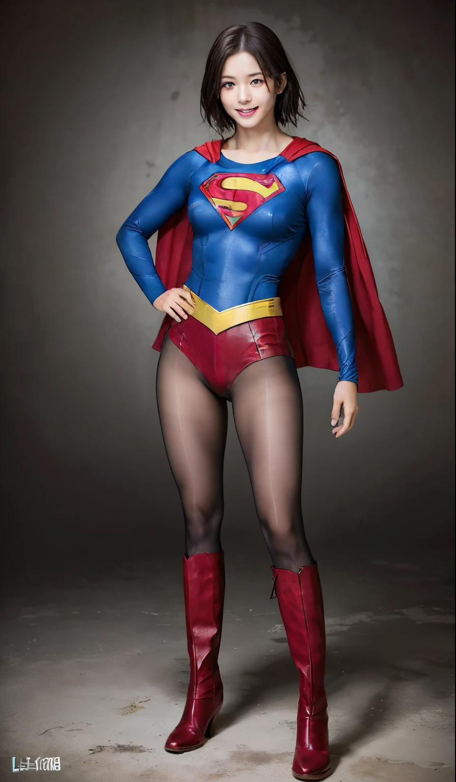 No background、(((Beautiful legs in black tights.)))、(((Legally express the beauty of your smile)))、((((Make the most of your original images)))、(((Body-fitting Supergirl costume)))、(((Supergirl Costume)))、(((Short beautiful hair)))、(((suffering)))、(((Please wear black tights....、Wear red boots)))、((Best image quality、8k))、((highest quality、8k、masterpiece:1.3))、(((Preserve background )))、Sharp focus:1.2、Beautiful woman with perfect figure:1.4、Slim Abs:1.2、Wet body:1.5、Highly detailed face and skin texture、8k