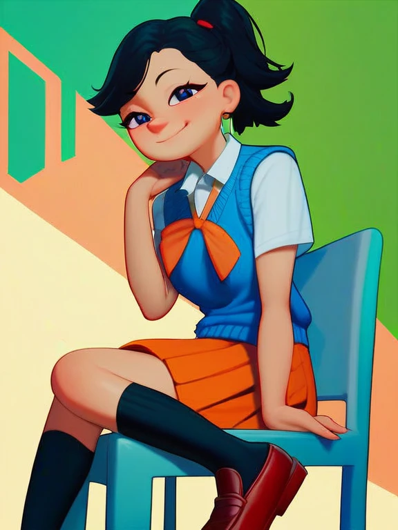 score_9_up,score_8_up,score_7_up, score_6_up,score_5_up,score_4, akiko, 1girl, black hair, solo, ponytail, sweater vest, school_uniform, orange skirt, socks, shirt, short sleeves, shoes, smile,looking at viewer, american dad,dot pupils, sitting on chair