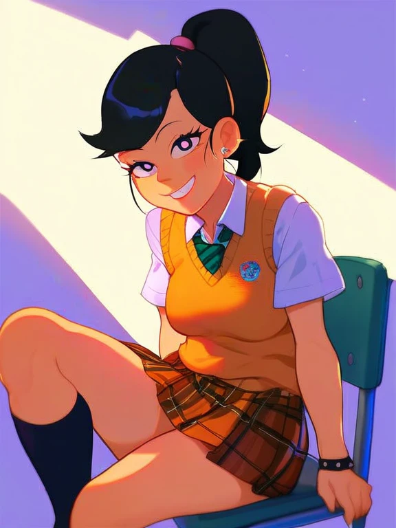 score_9_up,score_8_up,score_7_up, score_6_up,score_5_up,score_4, akiko, 1girl, black hair, solo, ponytail, sweater vest, school_uniform, orange skirt, socks, shirt, short sleeves, shoes, smile,looking at viewer, american dad,dot pupils, sitting on chair