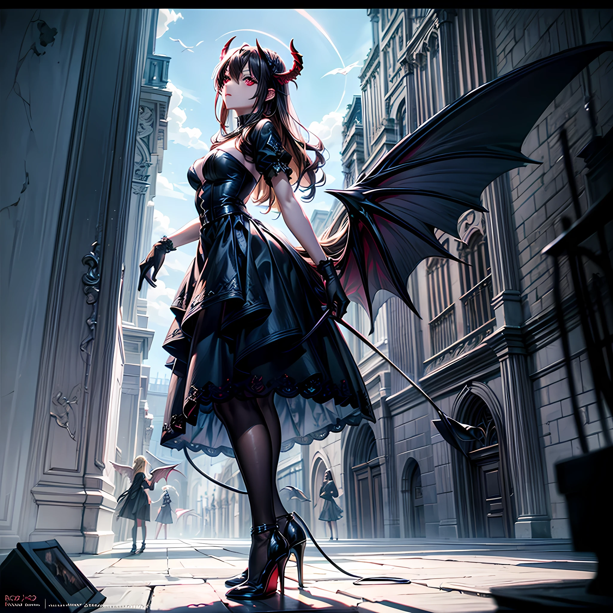 (highest quality, masterpiece, High resolution), 16K, fantasy art, RPG art a picture of (((2 women))), BREAK a (1female angel: 1.3) , wearing dress, pale skin, best details beautiful face , (blond: 1.2) hair, long hair wavy hair (blue: 1.1) eyes, high heeled boots, wearing a dress, large angelic wings, (white: 1.2) angelic wings spread BREAK ((AND)) a (1female demon: 1.3), (red: 1.2) skin, demonic wings, (black: 1.1) demonic wings spread, demonic horns, (red: 1.1) skin, black hair, red eyes, best details beautiful face, wearing a dress, high heels, in the border between heaven and hell, moon, stars, clouds, god rays, soft natural light silhouette, dynamic angle, photorealism, panoramic view (Masterpiece 1.3, intense details) , Wide-Angle, Ultra-Wide