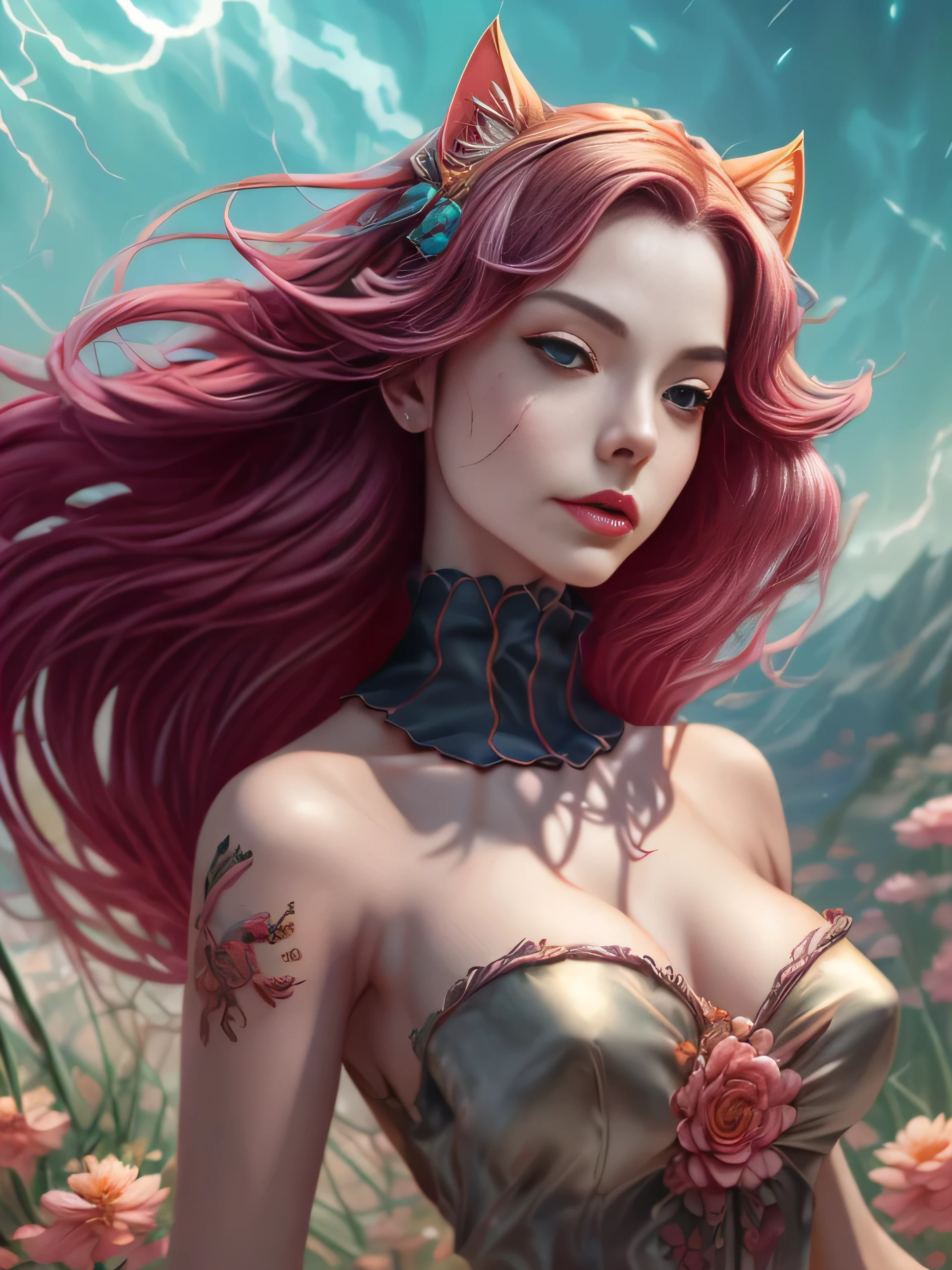 (Best Quality, 8K, Masterpiece, HDR, Soft Lighting, Picture Perfect, Realistic, Vivid), Summer valley covered with flowers, grass and flying elemental lights, Catwoman stands, she has a beautiful face with brown eyes, long windy flaming red hair and tattoos all over her body, arms and legs, she is dressed in some kind of floral outfit, there is a windy aura around her, (ultra high quality fantasy art, dark fantasy style, masterpiece, ultra high quality character design, 8k quality anime art , Realistic Anime Art, Highest Quality Wallpaper Illustration, Detailed Ultra High Quality Accurate Face, High Quality Design and Accurate Physics), Color Difference, Depth of Field, Dramatic Shadows, Ray Tracing, Best Quality, Highly Detailed CG, 8K Wallpapers, [Carefully Rendered hair [Read more about beautiful and shiny hair]] ,(Perfect hand detail [Beautiful fingers without breakage [Beautiful nails]],(Perfect anatomy (Perfect proportions)) [[Resembles the whole body]],[Perfect color combination (Accurate simulation of interaction light and material)], [Visual art that conveys the meaning of history]