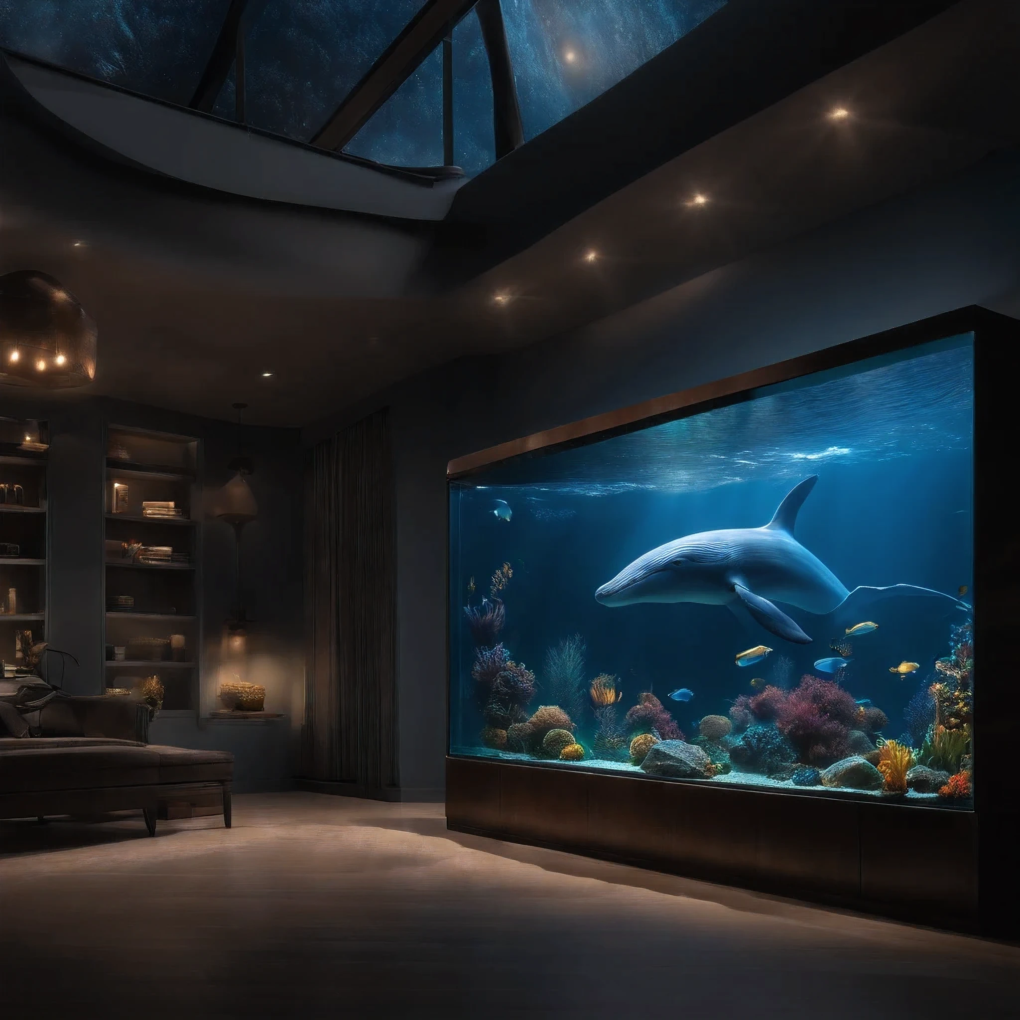 movie lighting, Glowing lights, masterpiece, precise, Super Detail, high quality, The award-winning, 8k Blue whale swimming in fish tank