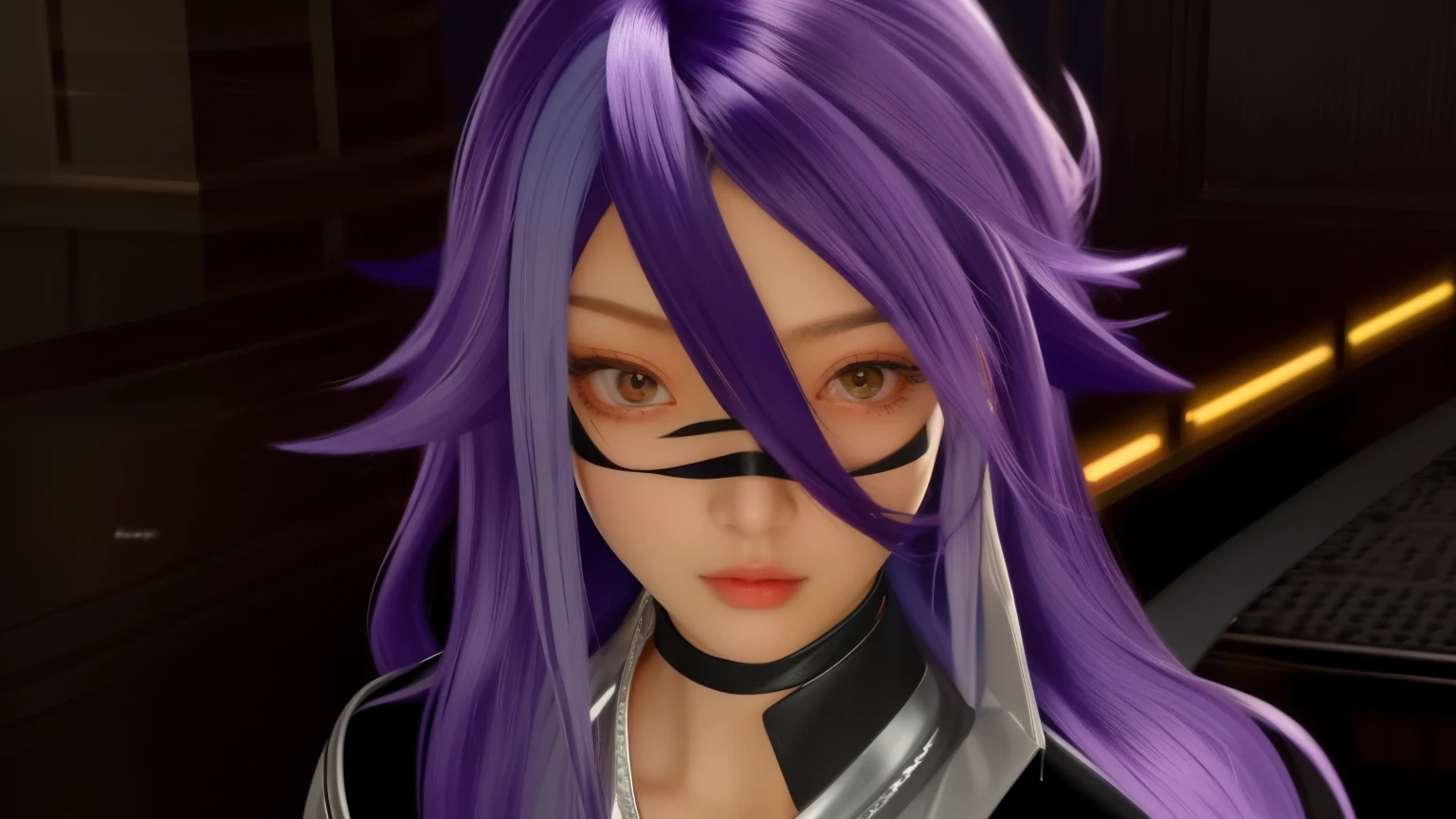 garota anime com cabelo roxo e delineador preto em um quarto escuro, impacto de ayaka genshin, personagem de perto, close do personagem, code vein, personagem de videogame katana zero, Detalhes de personagens de 8k, close de uma jovem garota de anime, personagem de perto, impacto genshin do jogo ayaka, portrait knights of the zodiac girl, devious evil expression