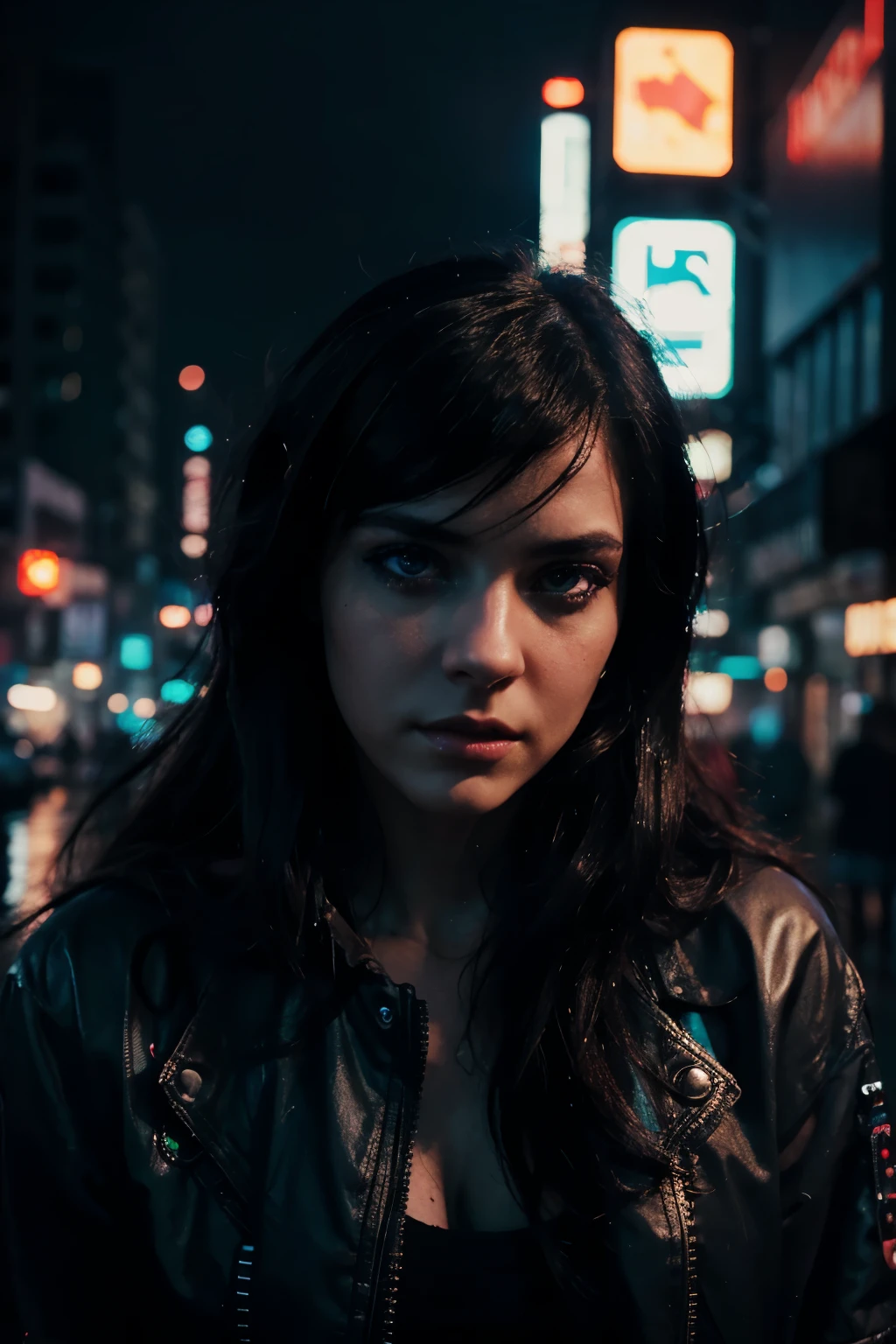 Portrait of a beautiful girl in a cyberpunk city at night, rainy night, beautiful eyes, foggy night lights, dramatic lights, neon lights, hardwave aesthetic, dark cyberpunk aesthetic, extremely beautiful woman.