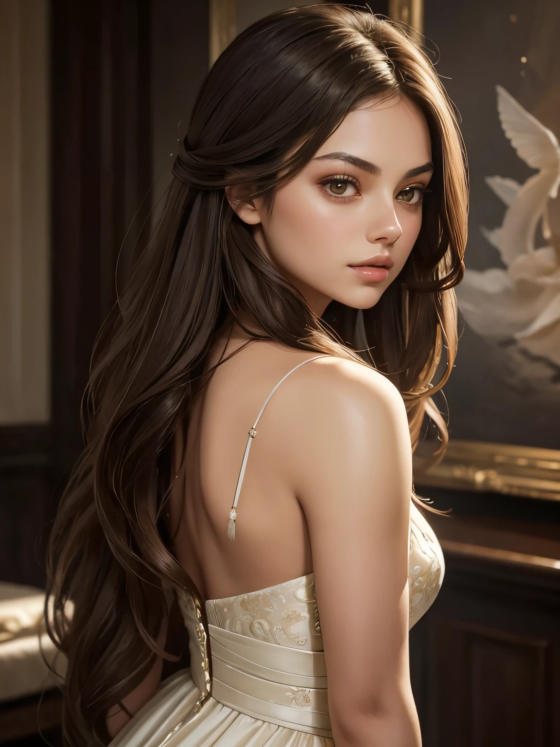 Elain, with long light brown hair cascading down her back and dark deep brown doe eyes, exudes a serene loveliness. She possesses flawless porcelain skin and is often seen in light-coloured dresses that provide a striking contrast against her features. In a stunning painting capturing her essence, Elain's beauty is further elevated by delicate features, a graceful demeanour, and an ethereal glow that captivates the viewer. Every detail is immaculately depicted, presenting a portrayal of timeless elegance and charm. She resembles a young Mila Kunis