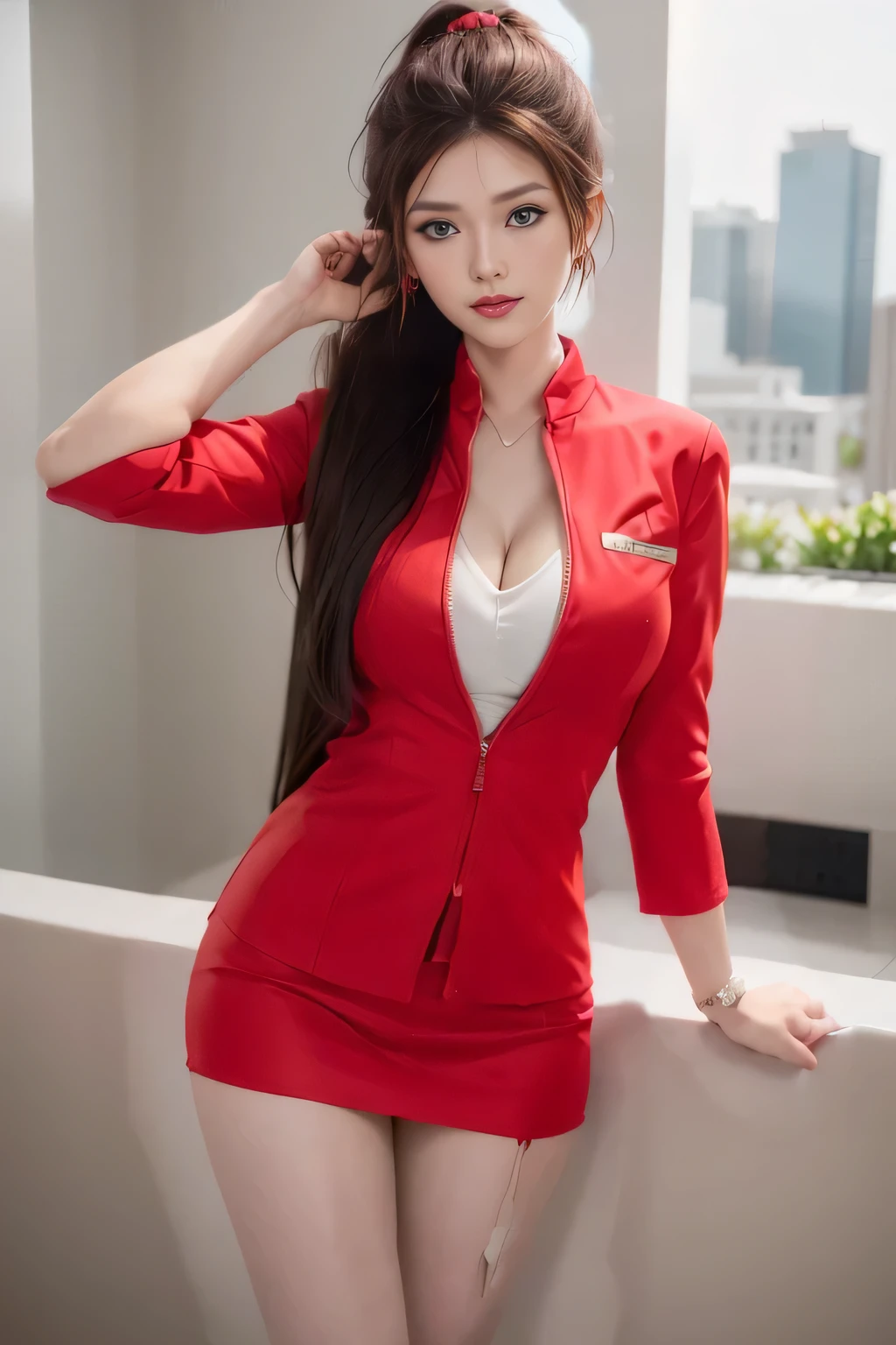 AirAsia red jacket uniform、Long hair down to the legs、Dark brown hair、Hair tied up、Tie your hair back in a ponytail、ponytail、Red rubber band、Luxury earrings、Captivating look、Blue Eyes、22 year old Asian female