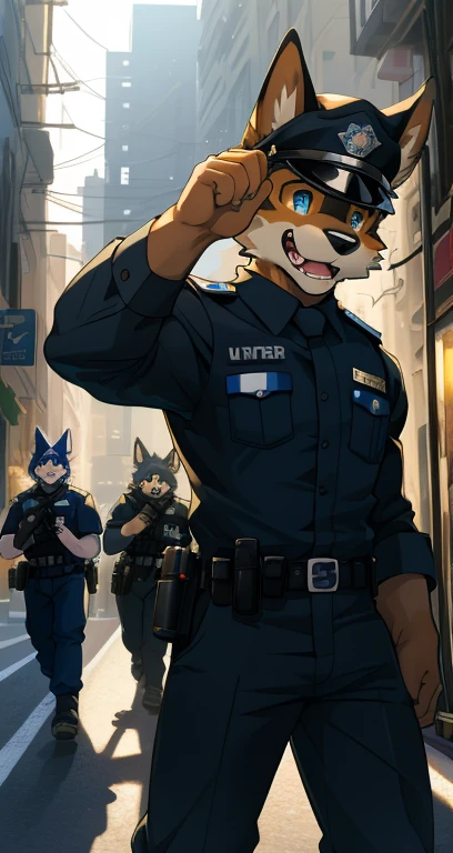 top quality, best quality, highres, masterpiece, super high resolution, detailed background, street, gasping for air(super handsome boys, dog)police officer, swat, police uniform, 6+boys, 6+girls, absurdres(highly detailed beautiful face and eyes)perfect anatomy, good lighting, volumetric lighting, cinematic shadow(kemono, furry anthro), 