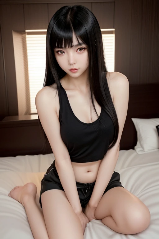 Masterpiece,asian woman,Cute face,white eyes,Long hair with black bangs,sexy figure,Chest 39 inches,Wear a small tank top.,Brown tight shorts,Sitting in a sexy pose,on the bed,Highly detailed images,Excellent quality images