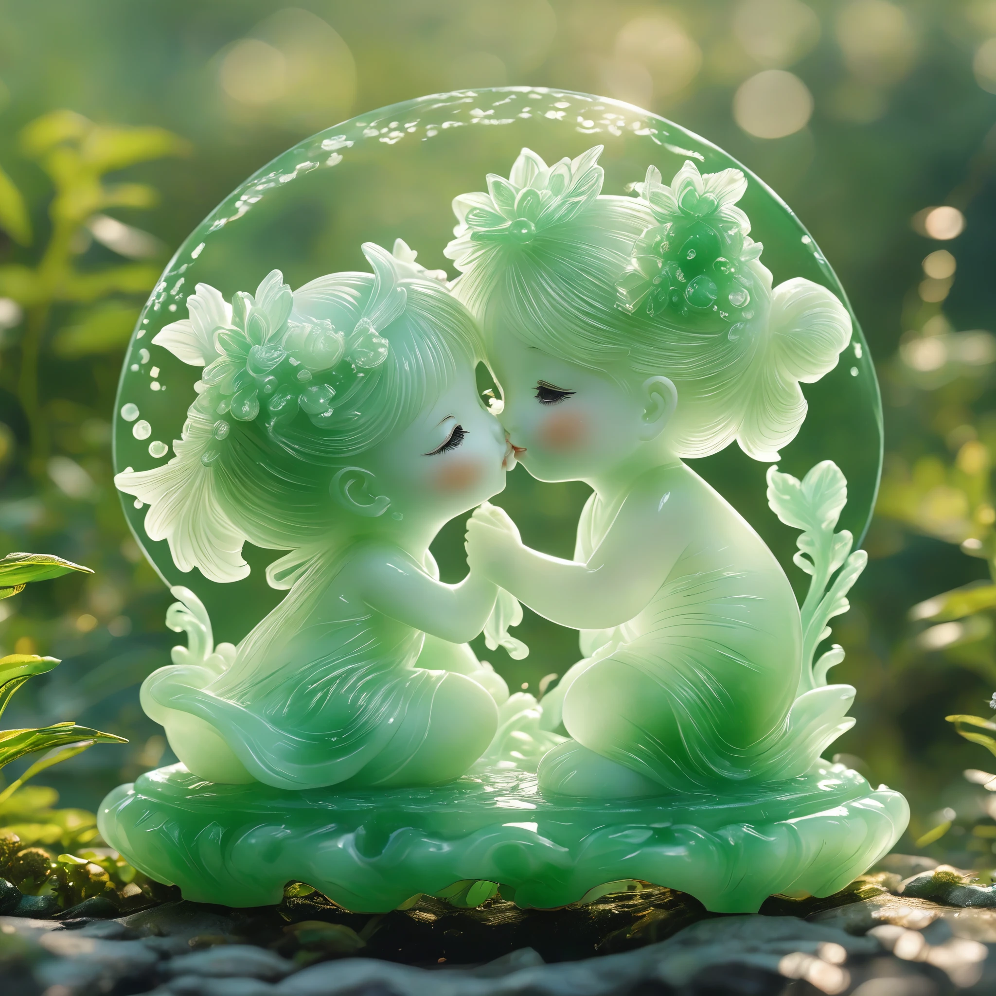 best quality, very good, 16K, ridiculous, Extremely detailed, Lovely(((Boy and girl kissing,lover:1.3))),Made of translucent jadeite, Background grassland((A masterpiece full of fantasy elements))), ((best quality)), ((Intricate details))(8k)