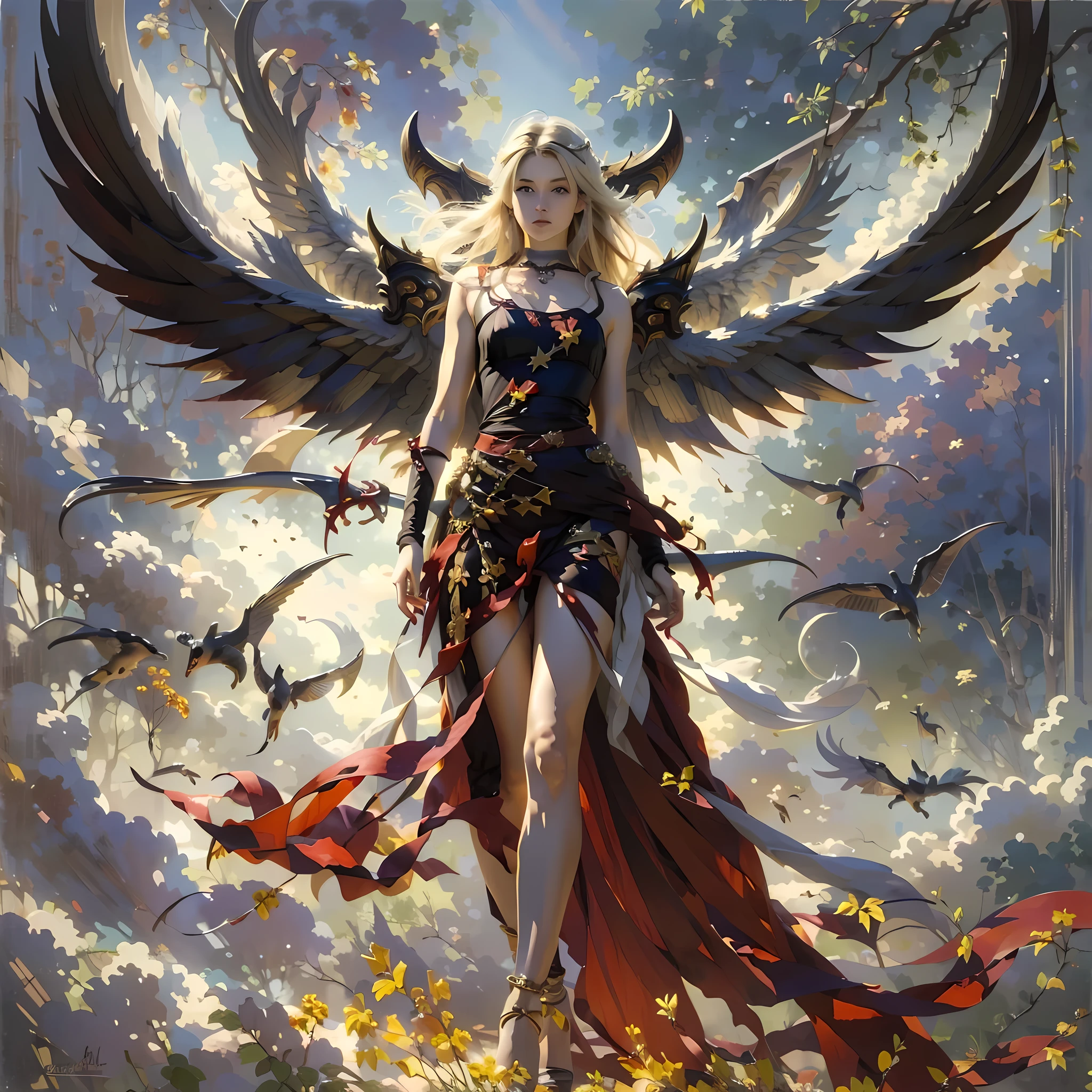 (highest quality, masterpiece, High resolution), 16K, fantasy art, RPG art a picture of (((2 women))), BREAK a (1female angel: 1.3) , wearing dress, pale skin, best details beautiful face , (blond: 1.2) hair, long hair wavy hair (blue: 1.1) eyes, high heeled boots, wearing a dress, large angelic wings, (white: 1.2) angelic wings spread BREAK ((AND)) a (1female demon: 1.3), (red: 1.2) skin, demonic wings, (black: 1.1) demonic wings spread, demonic horns, (red: 1.1) skin, black hair, red eyes, best details beautiful face, wearing a dress, high heels, in the border between heaven and hell, moon, stars, clouds, god rays, soft natural light silhouette, dynamic angle, photorealism, panoramic view (Masterpiece 1.3, intense details) , Wide-Angle, Ultra-Wide