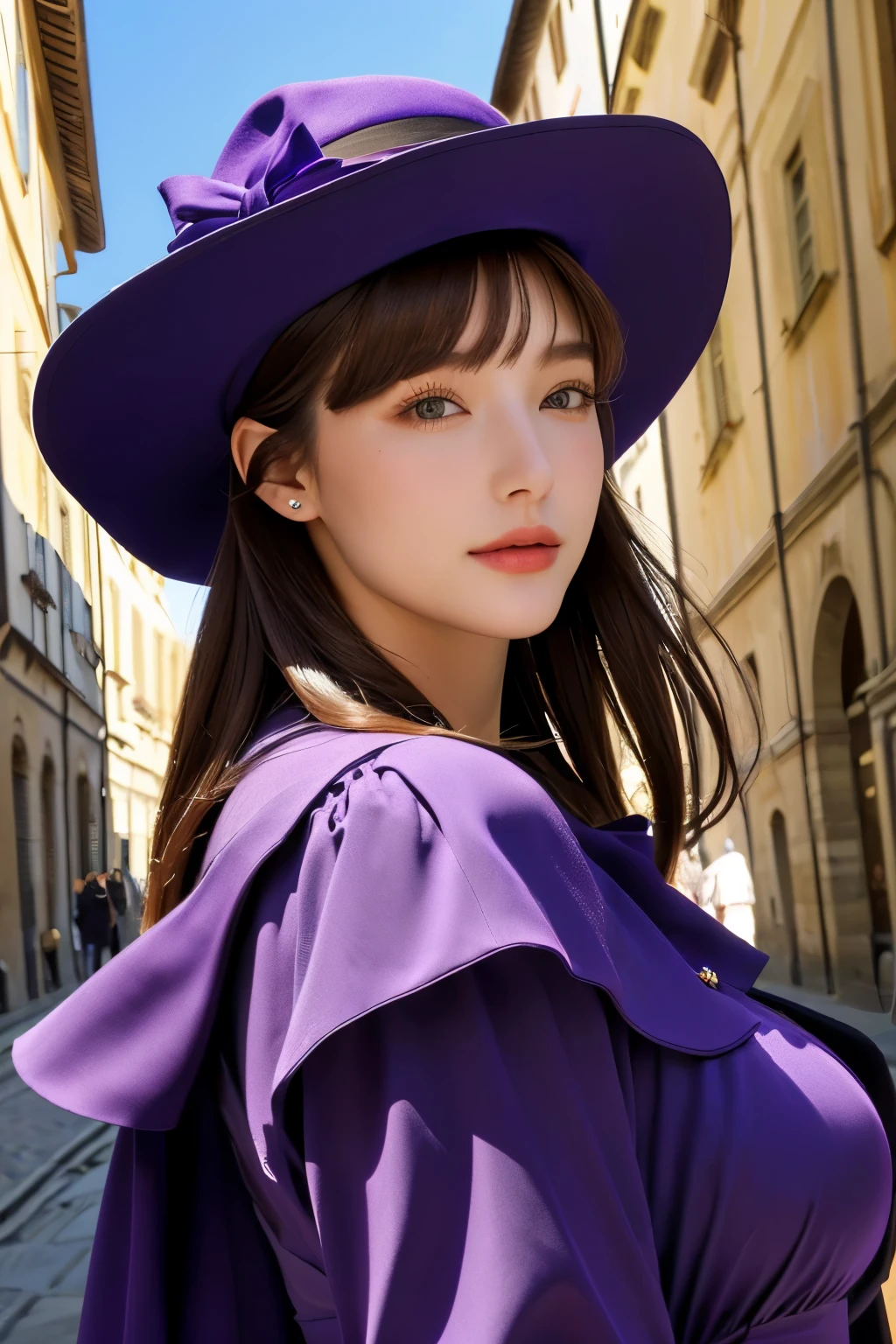Model and background intact, Close-up of woman wearing purple dress and hat with Florence buildings background,