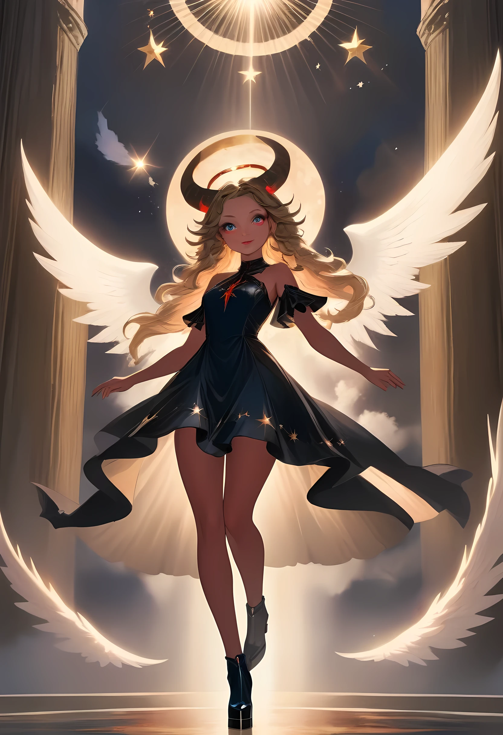 (highest quality, masterpiece, High resolution), 16K, fantasy art, RPG art a picture of (((2 women))), BREAK a (1female angel: 1.3) , wearing dress, pale skin, best details beautiful face , (blond: 1.2) hair, long hair wavy hair (blue: 1.1) eyes, high heeled boots, wearing a dress, large angelic wings, (white: 1.2) angelic wings spread BREAK ((AND)) a (1female demon: 1.3), (red: 1.2) skin, demonic wings, (black: 1.1) demonic wings spread, demonic horns, (red: 1.1) skin, black hair, red eyes, best details beautiful face, wearing a dress, high heels, in the border between heaven and hell, moon, stars, clouds, god rays, soft natural light silhouette, dynamic angle, photorealism, panoramic view (Masterpiece 1.3, intense details) , Wide-Angle, Ultra-Wide
