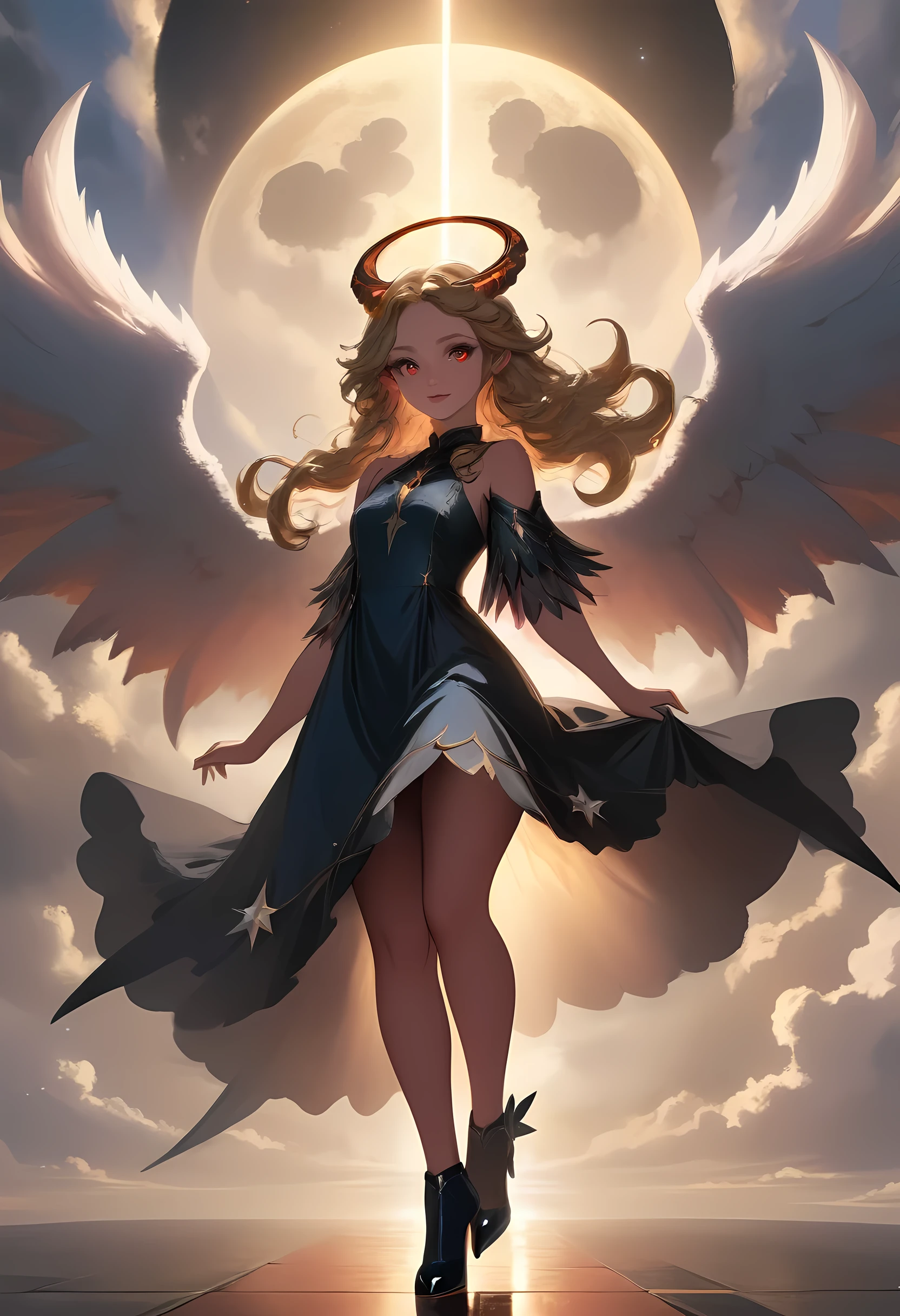(highest quality, masterpiece, High resolution), 16K, fantasy art, RPG art a picture of (((2 women))), BREAK a (1female angel: 1.3) , wearing dress, pale skin, best details beautiful face , (blond: 1.2) hair, long hair wavy hair (blue: 1.1) eyes, high heeled boots, wearing a dress, large angelic wings, (white: 1.2) angelic wings spread BREAK ((AND)) a (1female demon: 1.3), (red: 1.2) skin, demonic wings, (black: 1.1) demonic wings spread, demonic horns, (red: 1.1) skin, black hair, red eyes, best details beautiful face, wearing a dress, high heels, in the border between heaven and hell, moon, stars, clouds, god rays, soft natural light silhouette, dynamic angle, photorealism, panoramic view (Masterpiece 1.3, intense details) , Wide-Angle, Ultra-Wide