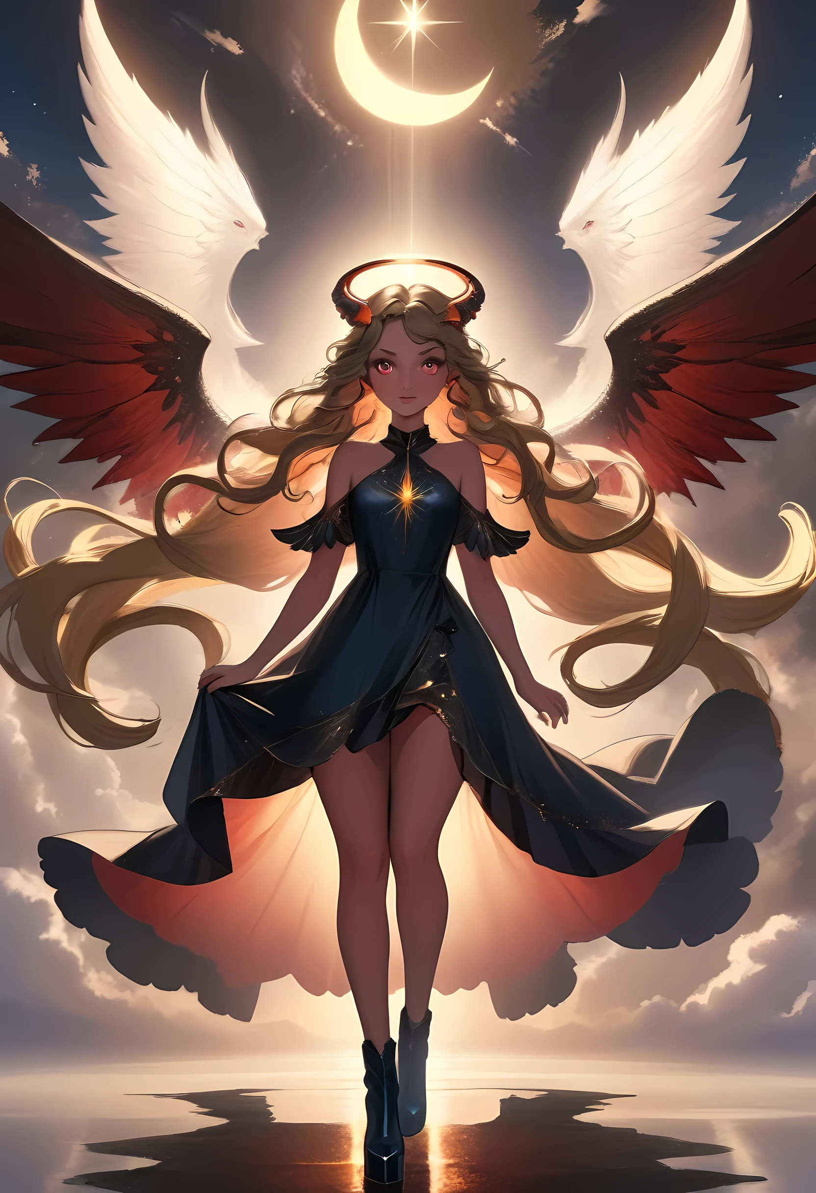 (highest quality, masterpiece, High resolution), 16K, fantasy art, RPG art a picture of (((2 women))), BREAK a (1female angel: 1.3) , wearing dress, pale skin, best details beautiful face , (blond: 1.2) hair, long hair wavy hair (blue: 1.1) eyes, high heeled boots, wearing a dress, large angelic wings, (white: 1.2) angelic wings spread BREAK ((AND)) a (1female demon: 1.3), (red: 1.2) skin, demonic wings, (black: 1.1) demonic wings spread, demonic horns, (red: 1.1) skin, black hair, red eyes, best details beautiful face, wearing a dress, high heels, in the border between heaven and hell, moon, stars, clouds, god rays, soft natural light silhouette, dynamic angle, photorealism, panoramic view (Masterpiece 1.3, intense details) , Wide-Angle, Ultra-Wide