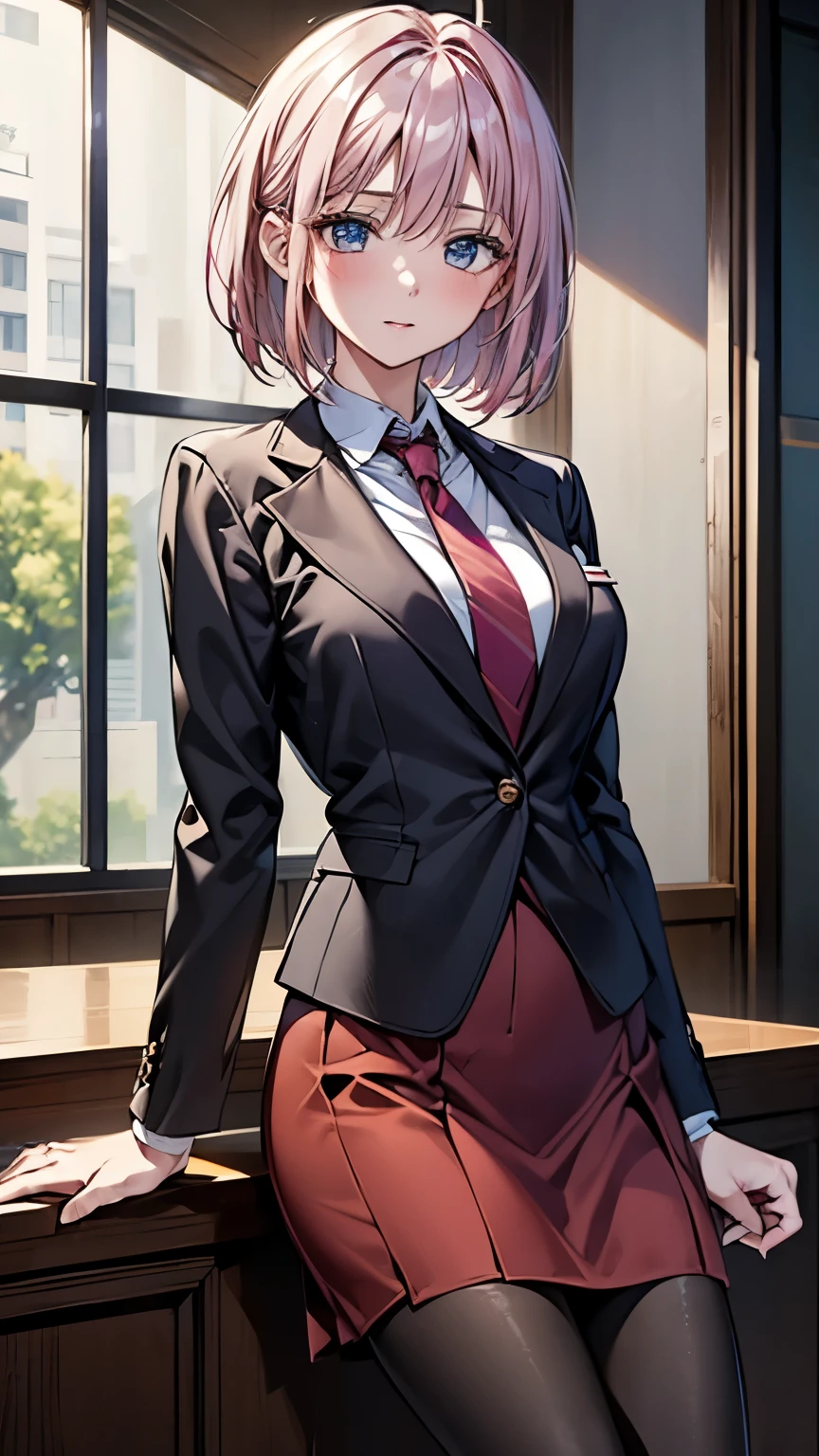 (masterpiece), ((highest quality)), (masterpiece,highest quality,Official Art,Highly detailed CG Unity 8k wallpaper), (Pink Hair, Short Bob), photograph, An elegant, upper-class, elite secretary in a business shirt, Working in the office,(business suit, skirt, Jacket), tie, Wearing pantyhose,Wear high-quality high heels,Girl in a shirt, business suitを着ている, Huge ,whole body,business suitを着ている, tie, Dramatic Light，Displaying the viewer, ((office Street:1.3))